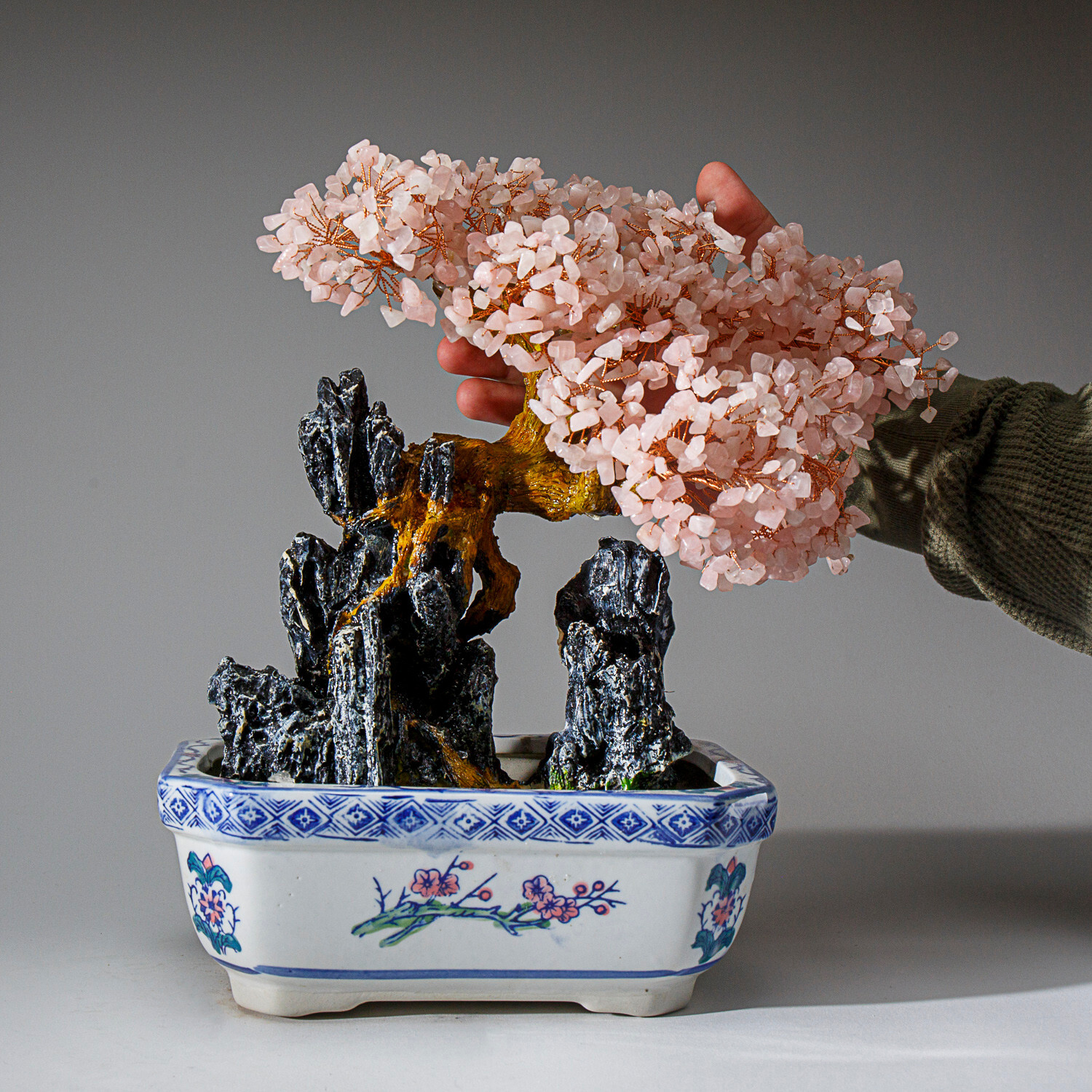 Genuine Rose Quartz Gemstone Bonsai Tree in Round Ceramic Pot (13”Tall)