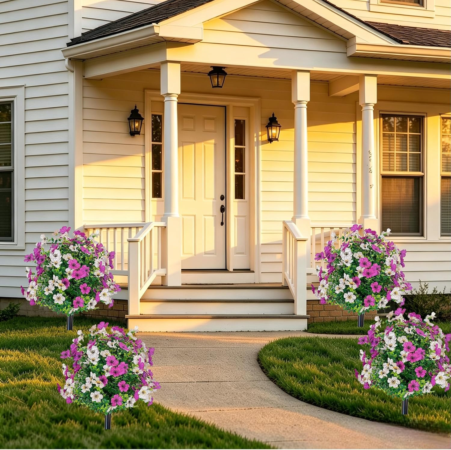 2 Pack 23.6″ UV Resistant Boxwood Ball Topiary with Violet Flowers for Outdoor D