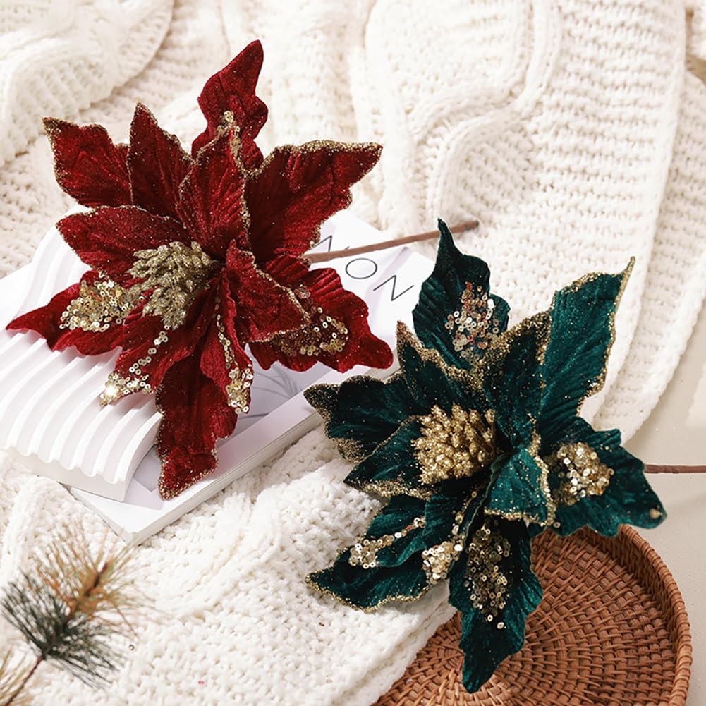 6 PCS Christmas Poinsettia Artificial Flowers Shining Glitter Burgundy
