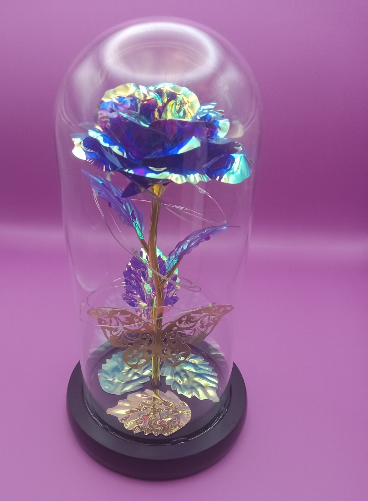 1pc Eternal Colorful Gold And Purple Rose Flower, LED Lights With Glass Dome