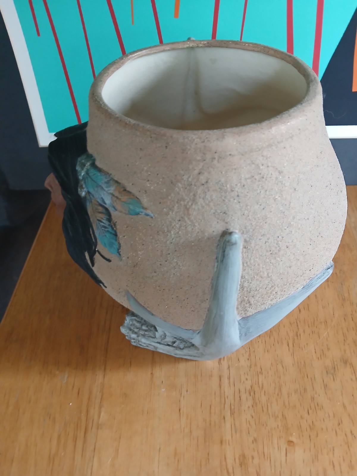 Native American Ceramic Round Planter Cachepot w/ Face & Antler Design