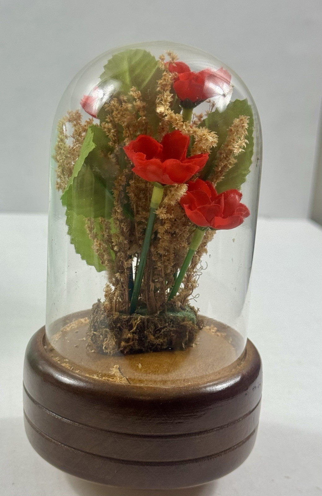 Artificial Red Rose Flower Arrangement in Glass Dome with Wood Base, 6 in Tall