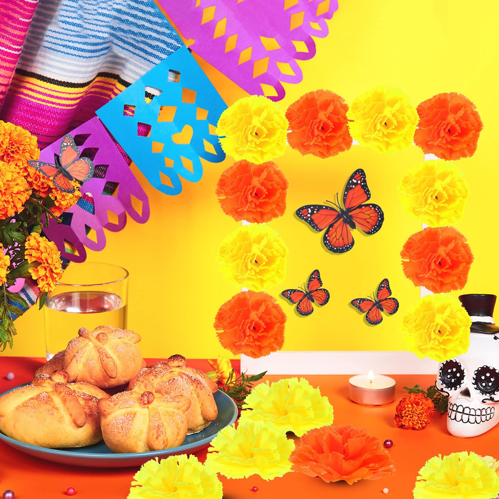 156 Pcs Day of The Dead Decorations Include 120 Pcs Fake Marigold Flowers wit…