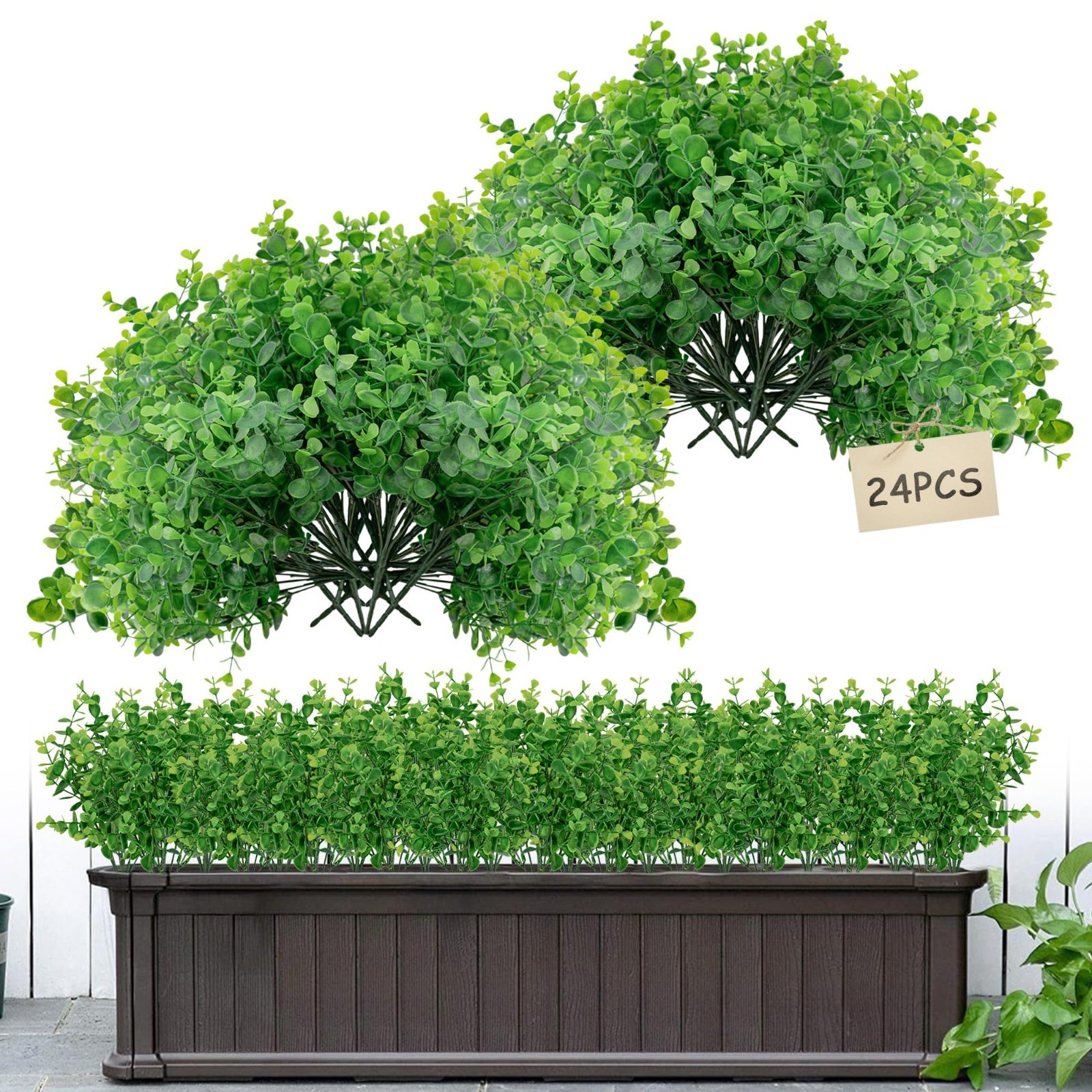 24 Bundles Faux Eucalyptus & Boxwood Plants – Artificial Greenery for Outdoor De