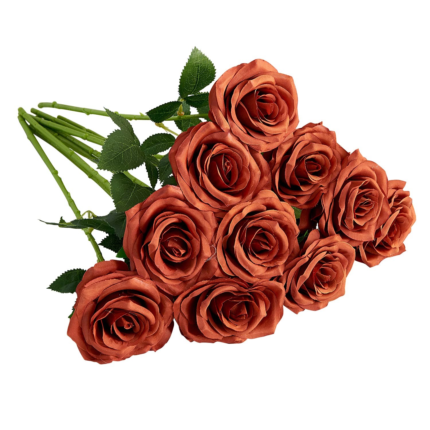 Artificial Rose Bouquet 10pcs for Wedding, Bridal, Centerpiece – Burnt Orange