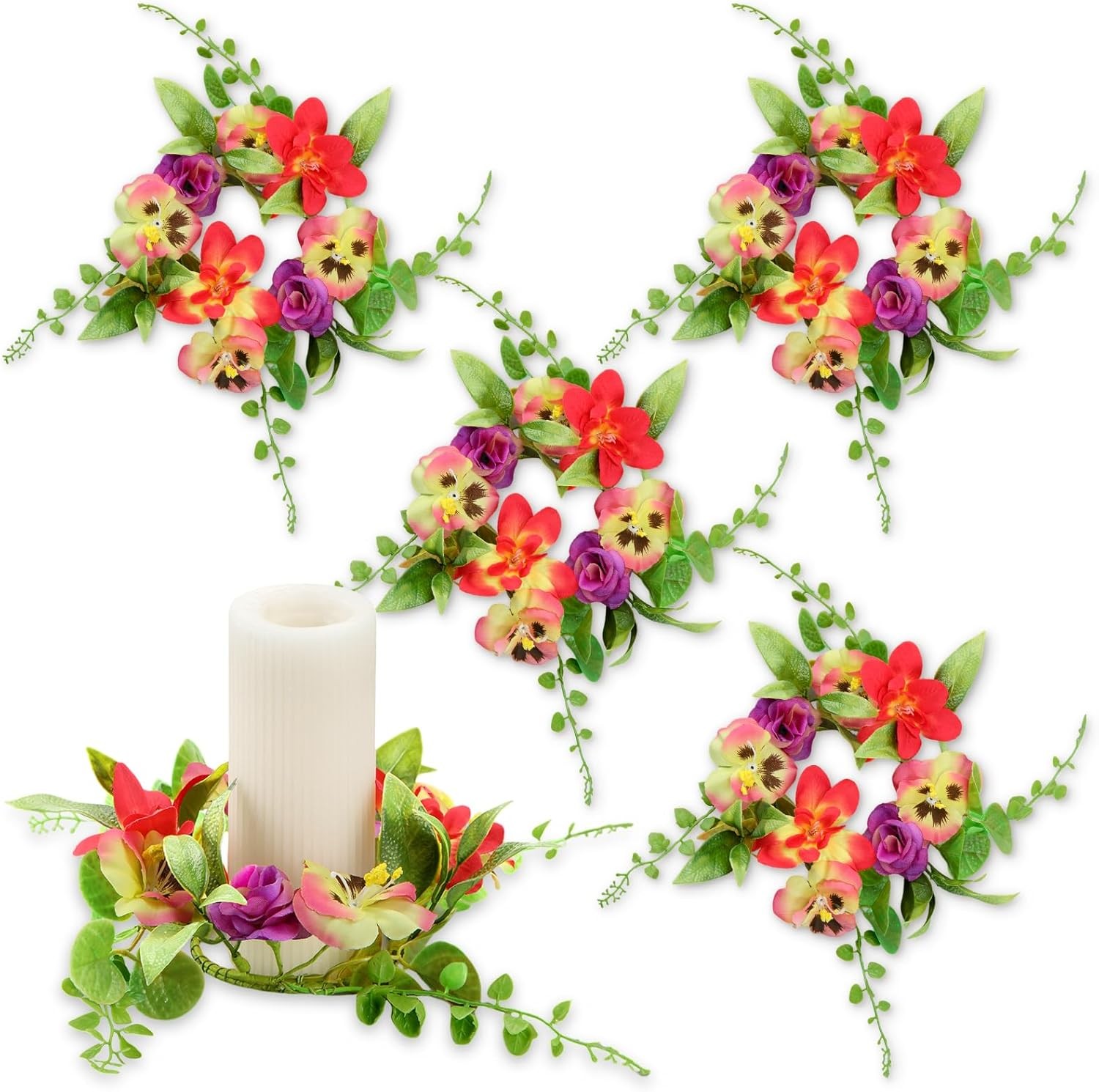 4 Pcs Spring Flower Candle Rings Artificial Floral Wreaths Summer Floral Pillar