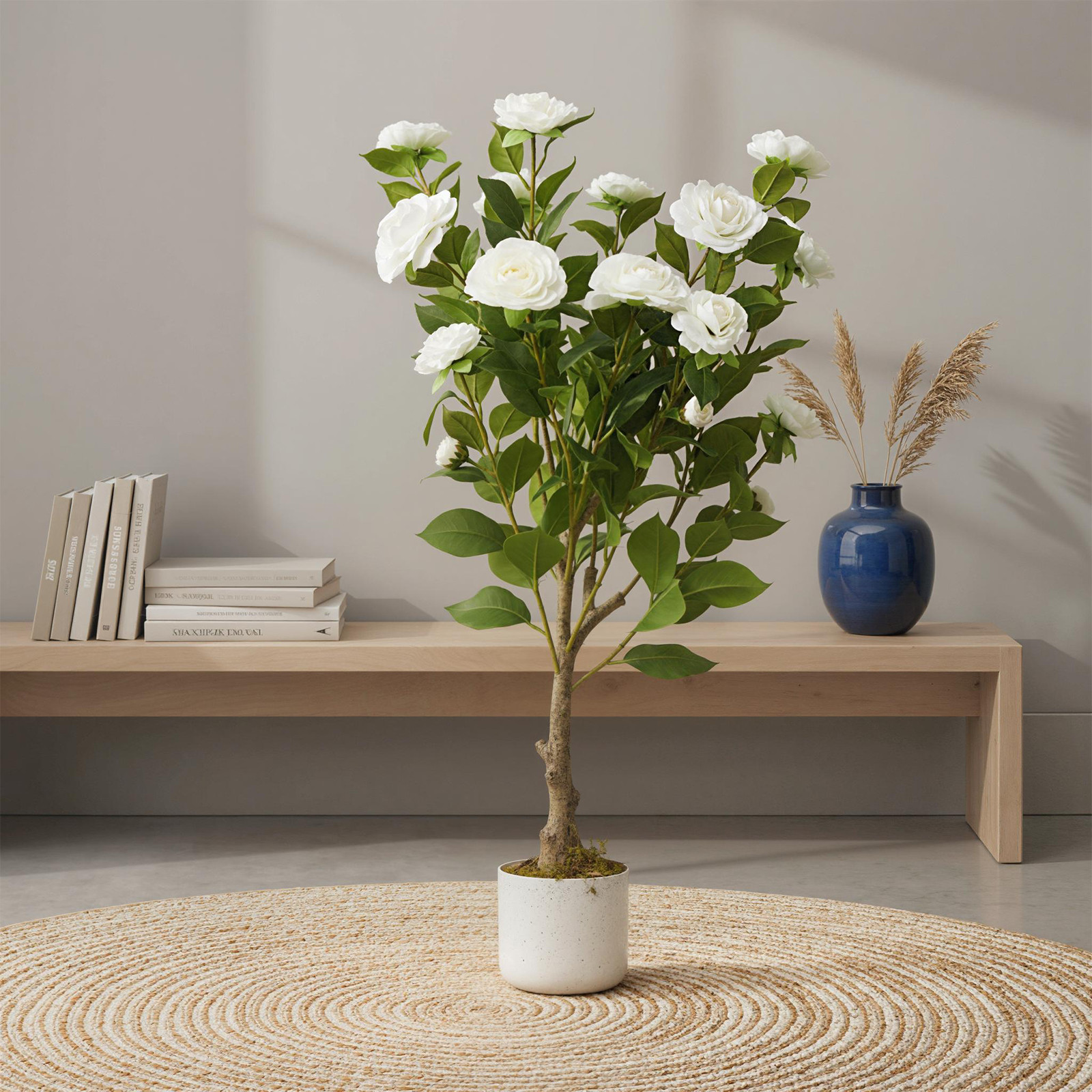 2.8FT Artificial Camellia Tree White Flower Cement Pot Indoor Outdoor Deco Plant