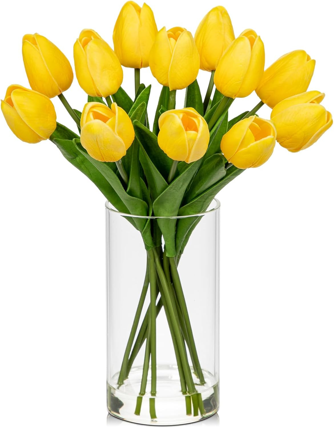 12 Pcs Artificial Real Touch Tulips Flowers in Glass Vase with Faux Water, Tulip