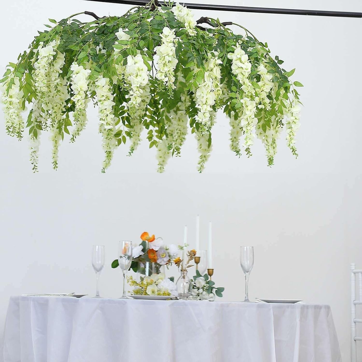 55″ Cream Artificial Silk Wisteria Vine Round Hanging Canopy Draping Garland