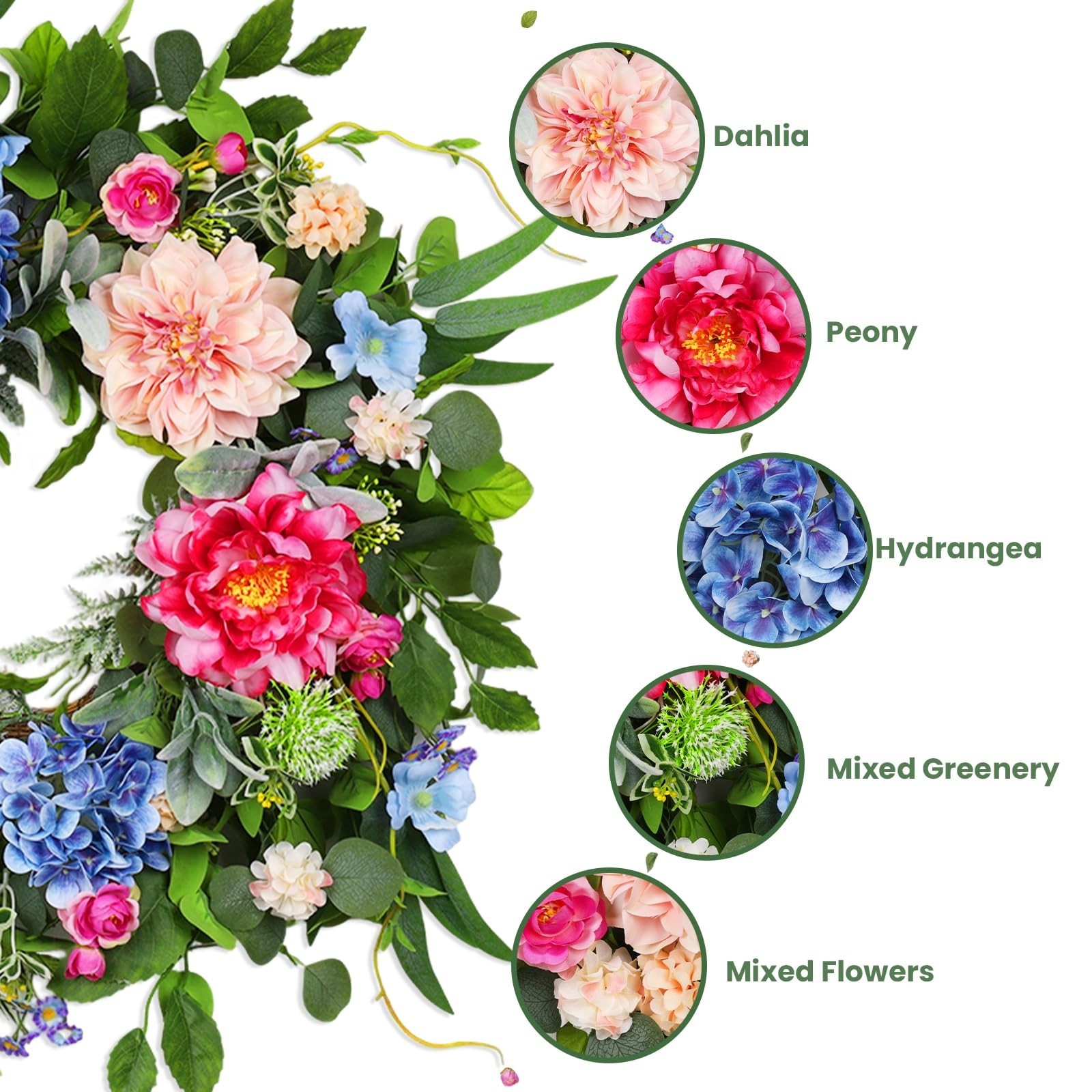 24″ Floral Spring Wreath – Artificial Daisy, Peony & Eucalyptus for Door Decor