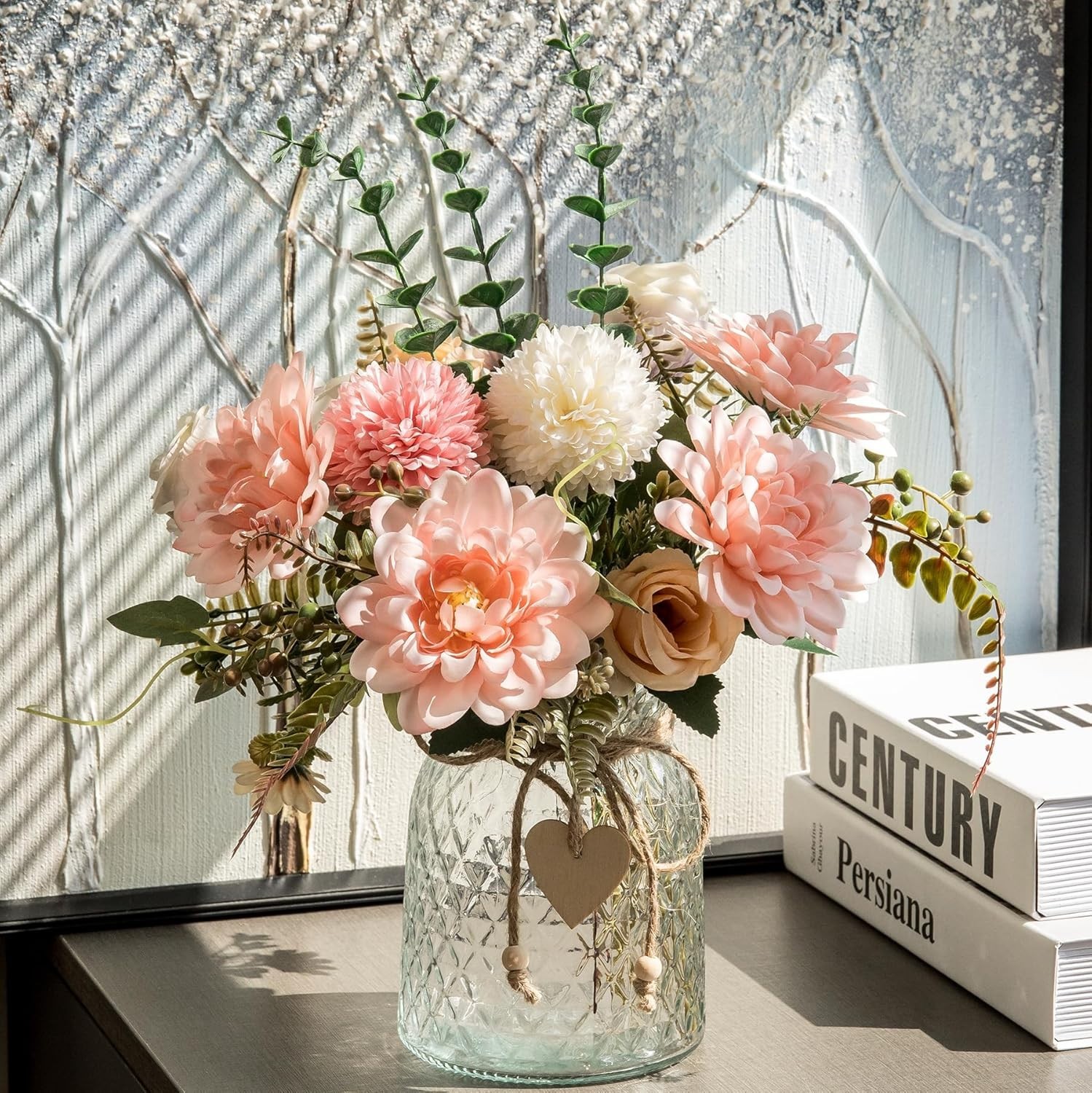 Artificial Flowers Pink Dahlia Silk Faux with Vase Aubcee Fake Home Decor Coffee