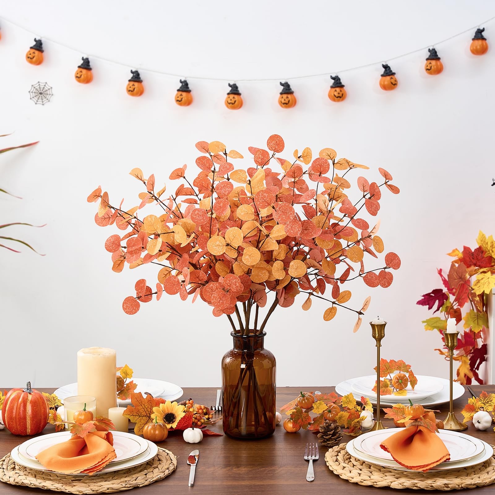 6 PCS Orange Artificial Fall Flowers Stems Autumn Decor, Fake Eucalyptus Leav…