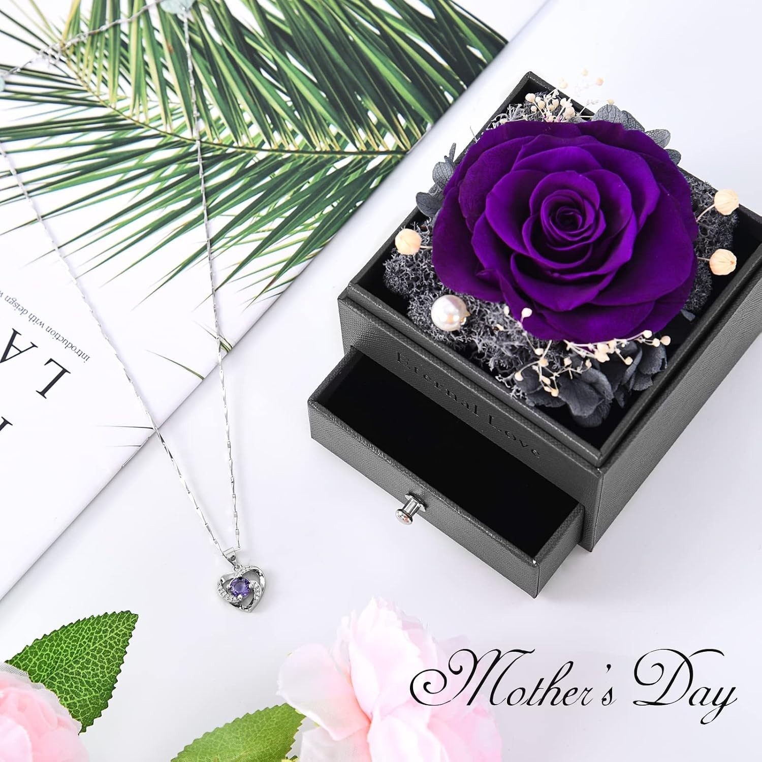 Handmade Preserved Rose and Necklace Set for Birthday and Anniversary Gifts