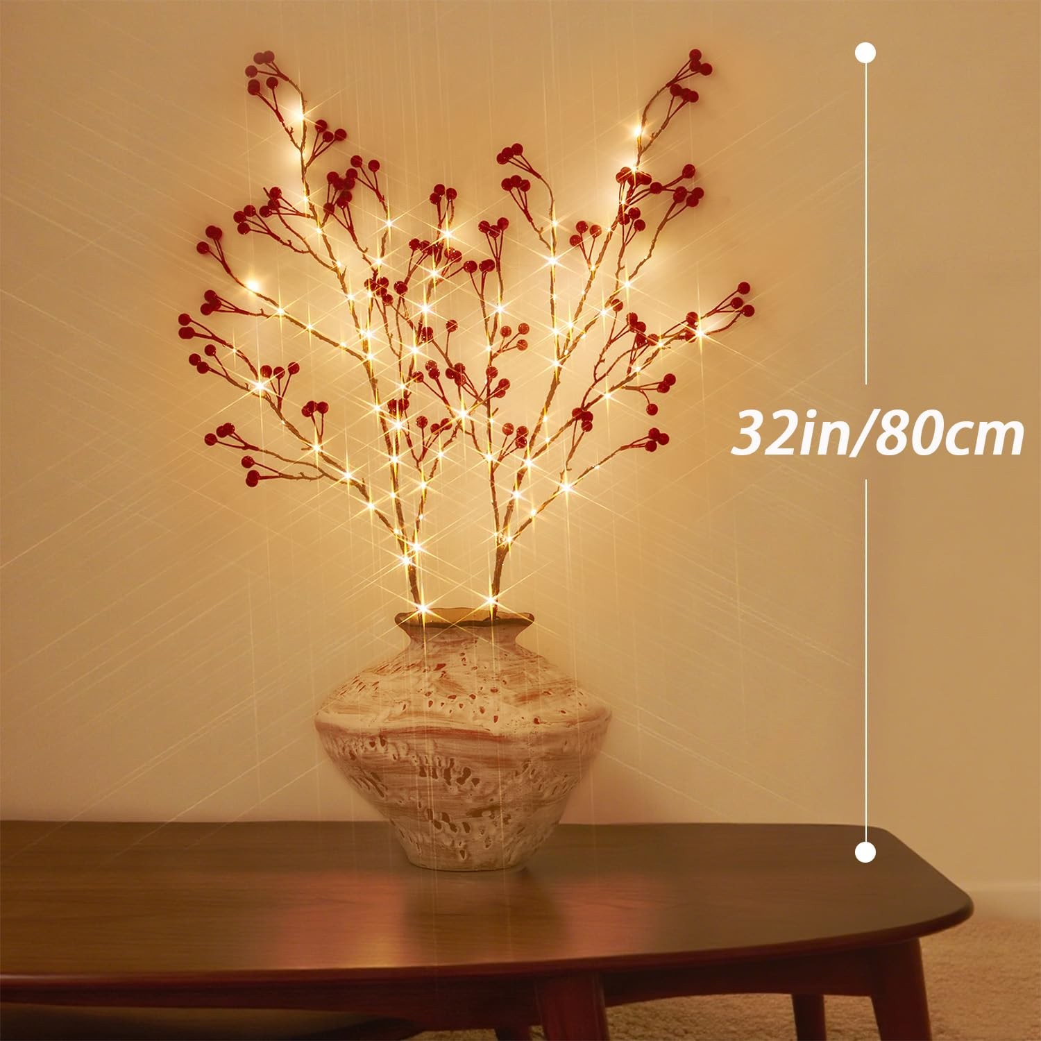 Red Berries Branch Lights Battery Powered Timer Artificial Willow 32 Inch 80