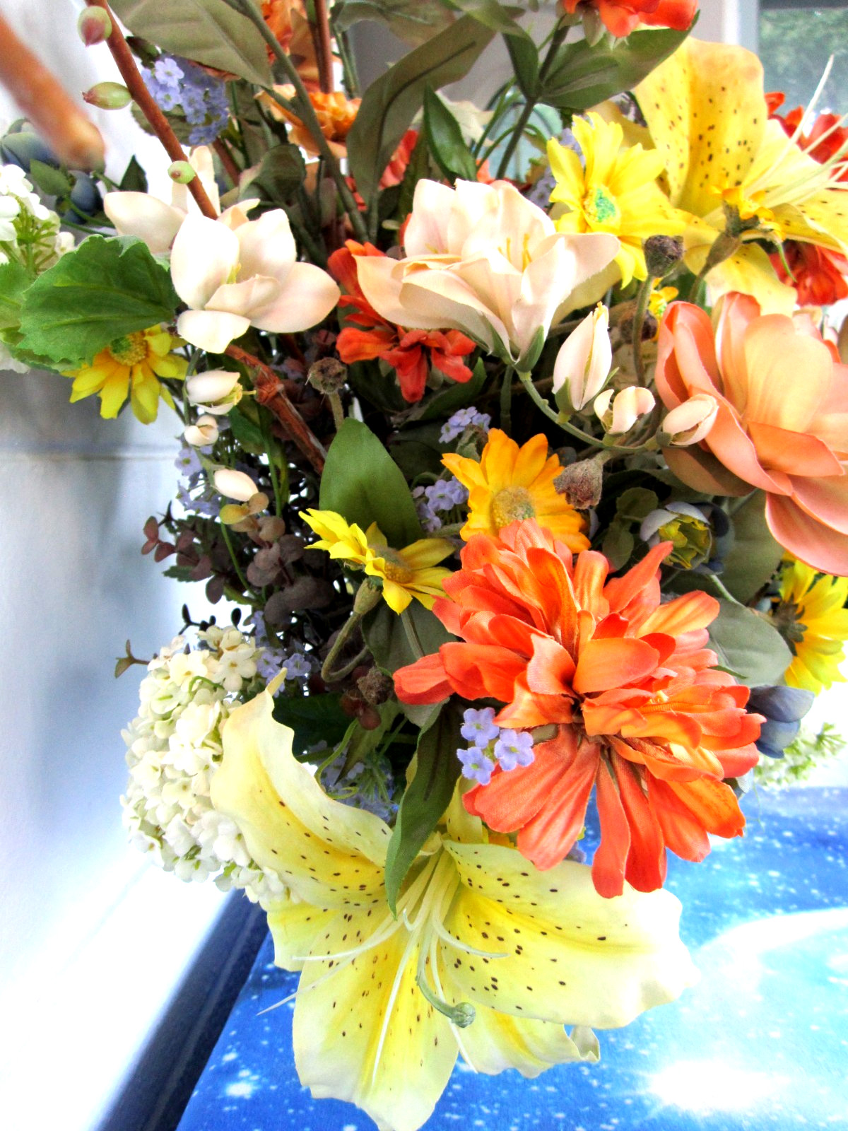 Beautiful Large Vtg Floral Arrangement Bouquet Orange Yellow Artificial Flowers