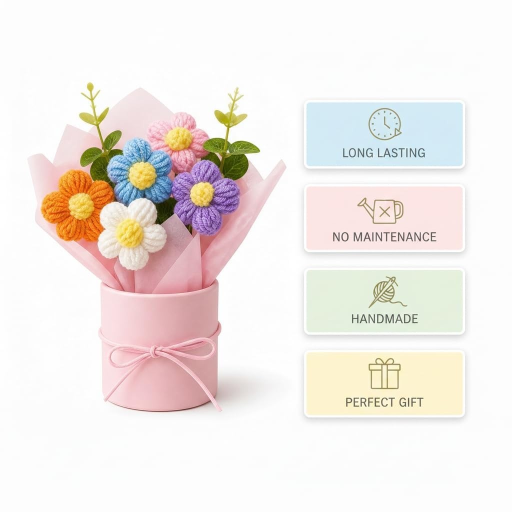 Colorful Handmade Mini Flower Bouquet Gift – Crochet Artificial Flowers in Pot