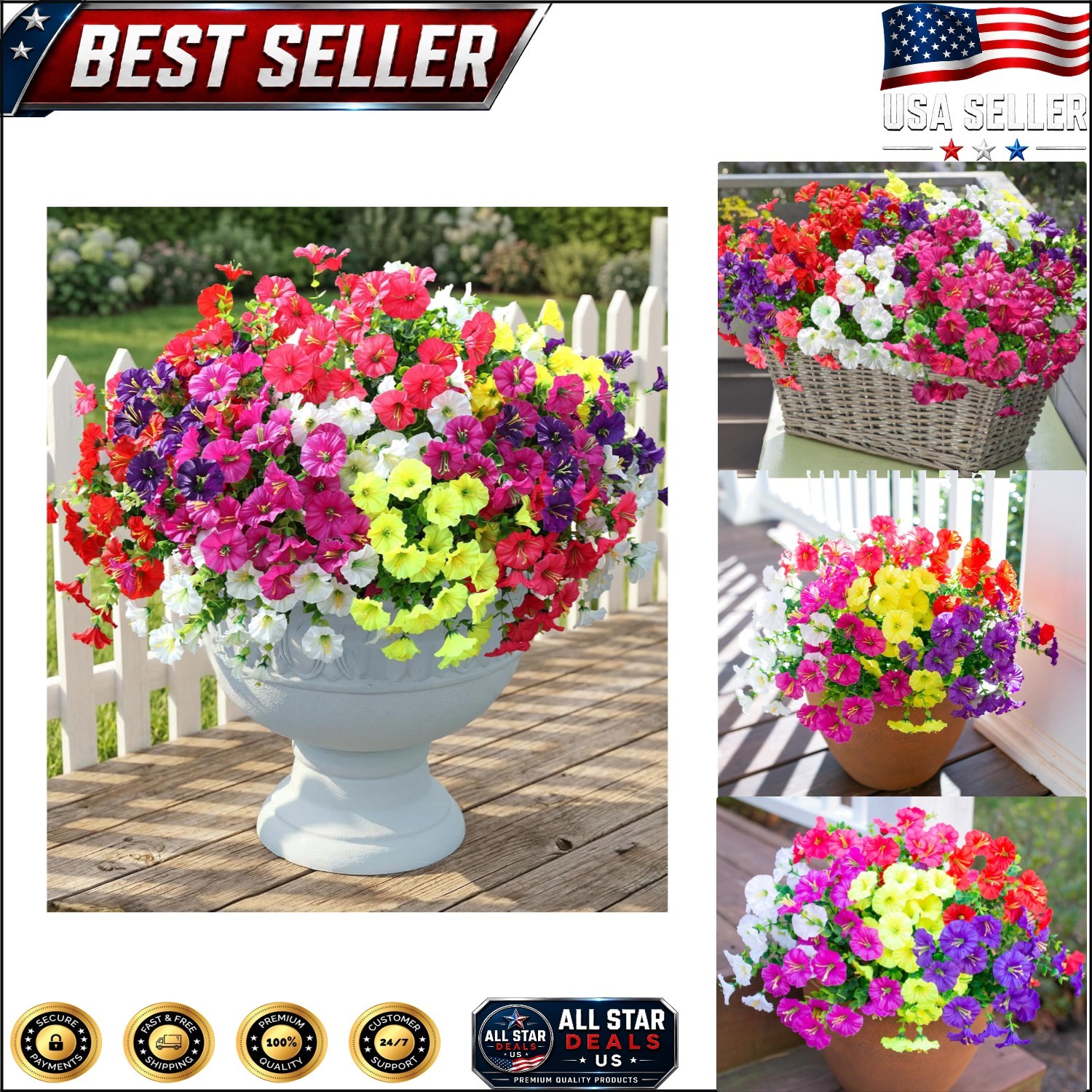 All-Season Artificial Outdoor Flowers – 12 Bundles of Morning Glory & Eucalyptus