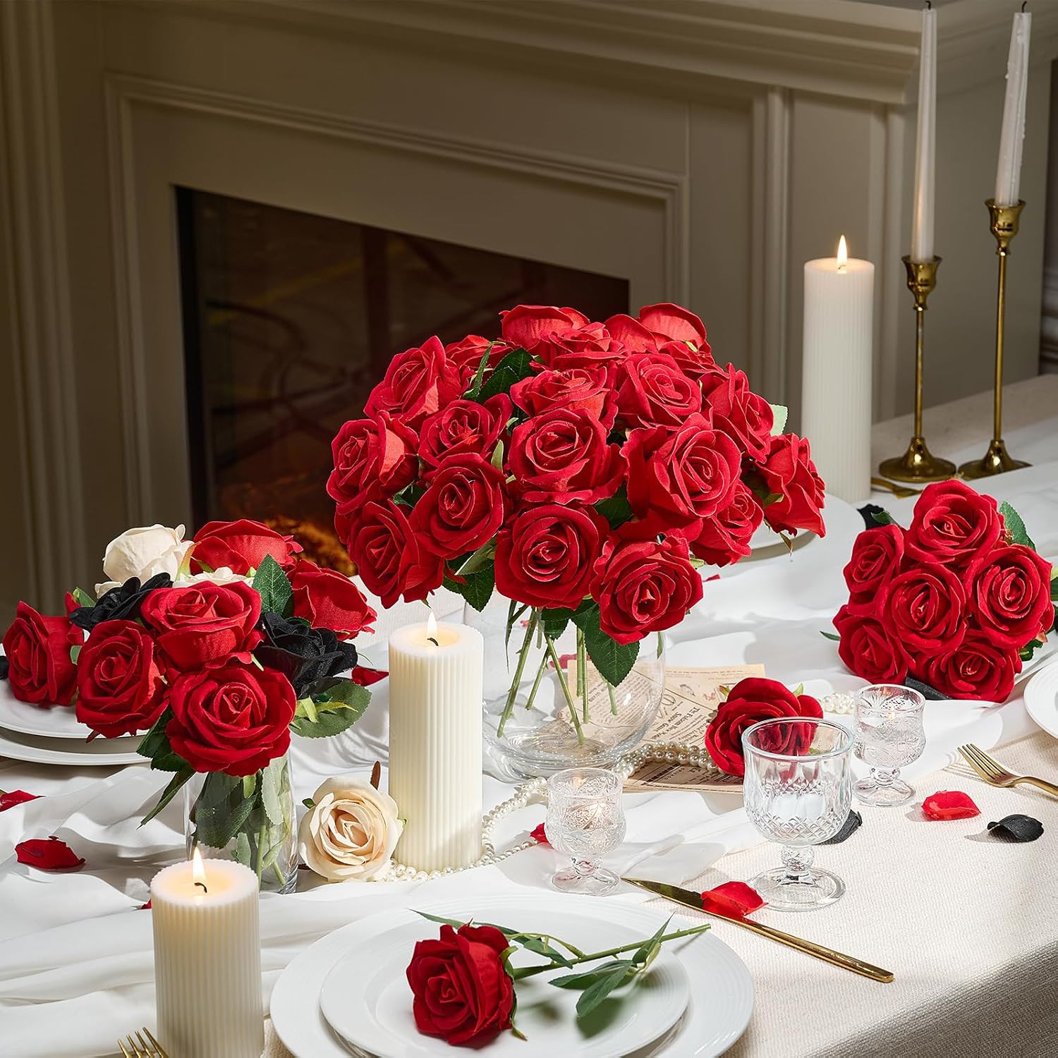 48PCS Realistic Red Velvet Roses with Bendable Stems for DIY Decor & Bouquets