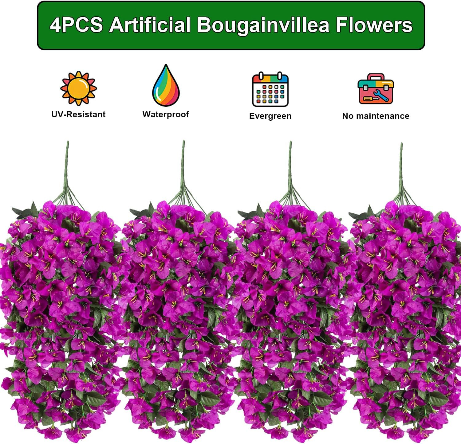 UV Resistant Faux Bougainvillea Vines – 4 Pcs Hanging Plants for Outdoors