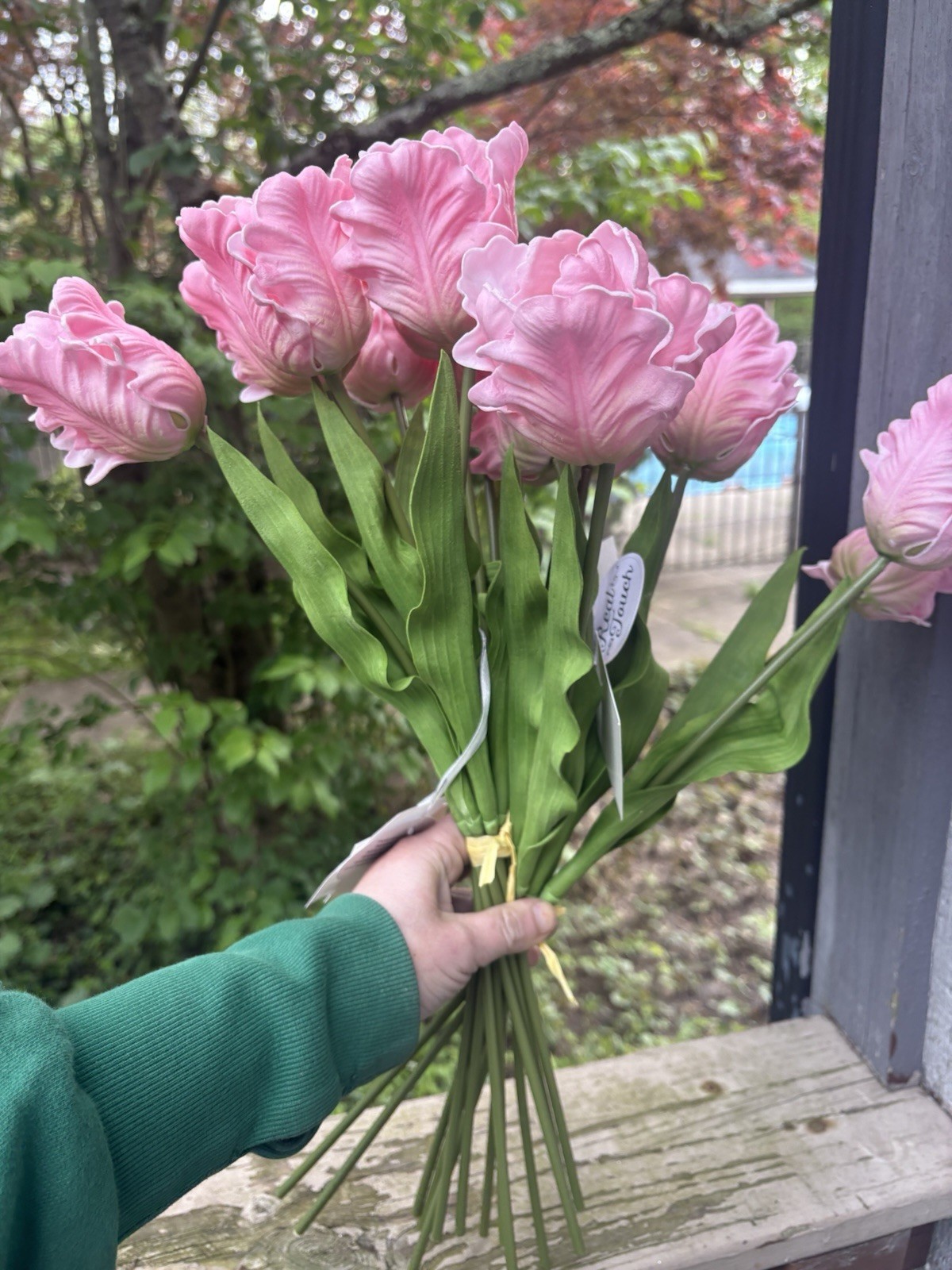 Allstate, 15″ Real Touch Parrot Tulip Bundle – Pink 2 Bouquets Latex Faux Flower