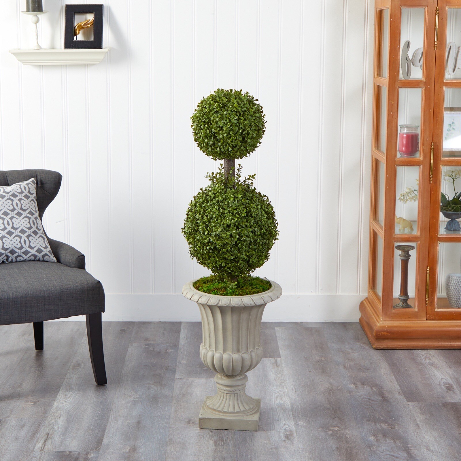 4’ Double Boxwood Topiary Artificial Tree in Urn UV Indoor/Outdoor. Retail $307