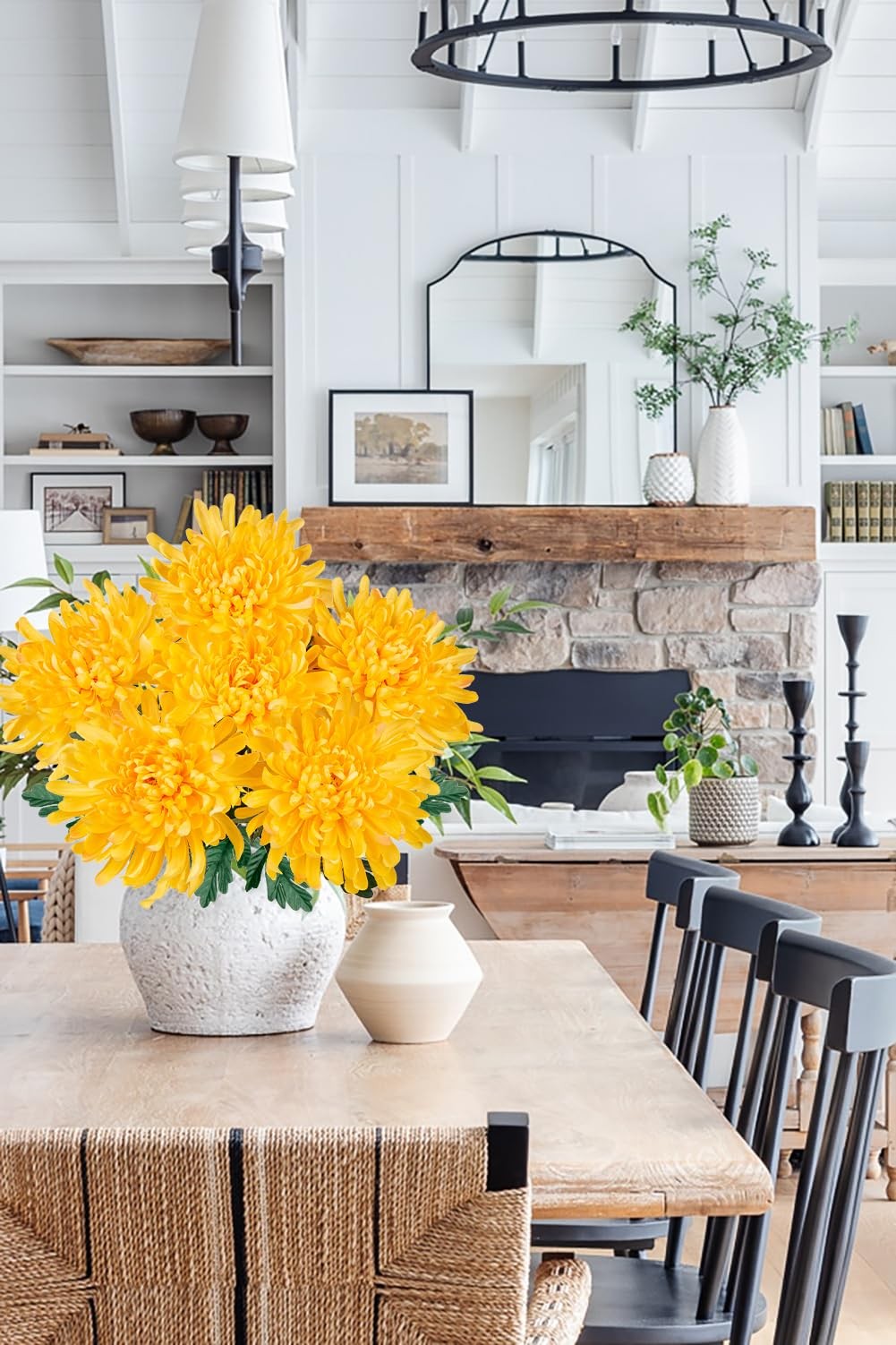 6 Pcs Yellow Artificial Mums for Outdoors Fall – 25.6’’ Long Stem Faux Chrysa…