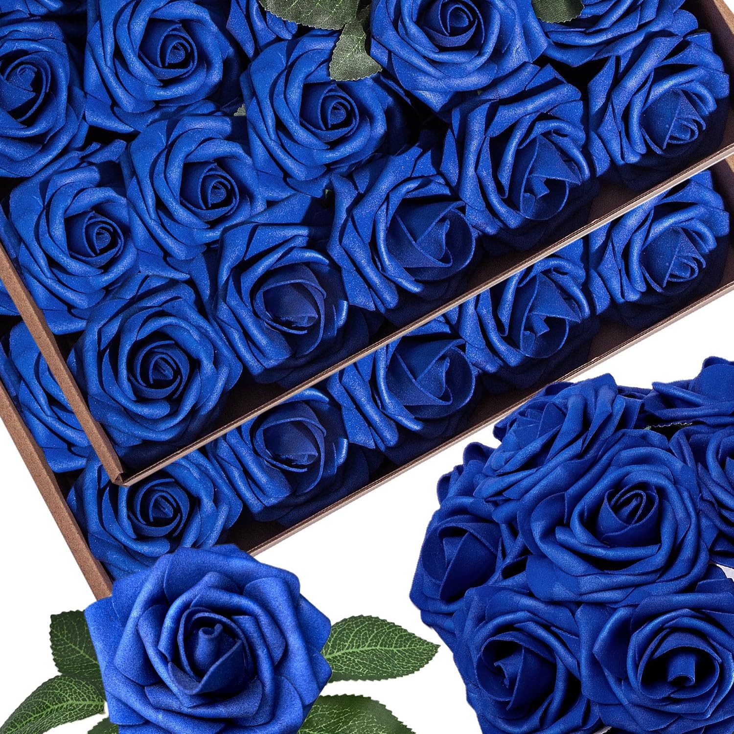 50pcs Artificial Flowers Foam Fake Rose with Stems 12 Leaves Real Looking Fau…