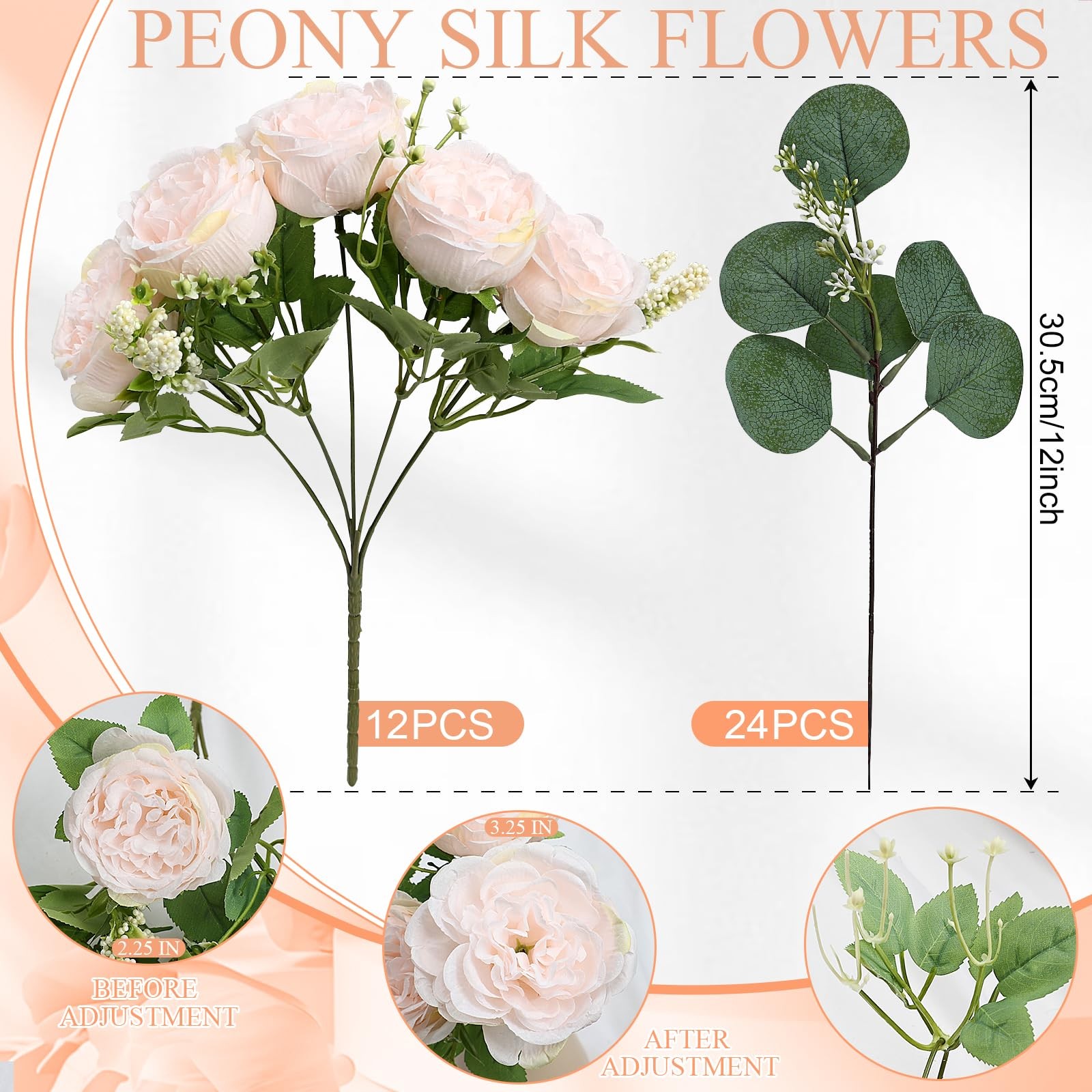 Peonies Artificial Flowers Bulk, 12 Bundles Fake Silk Peonies Faux Eucalyptus…