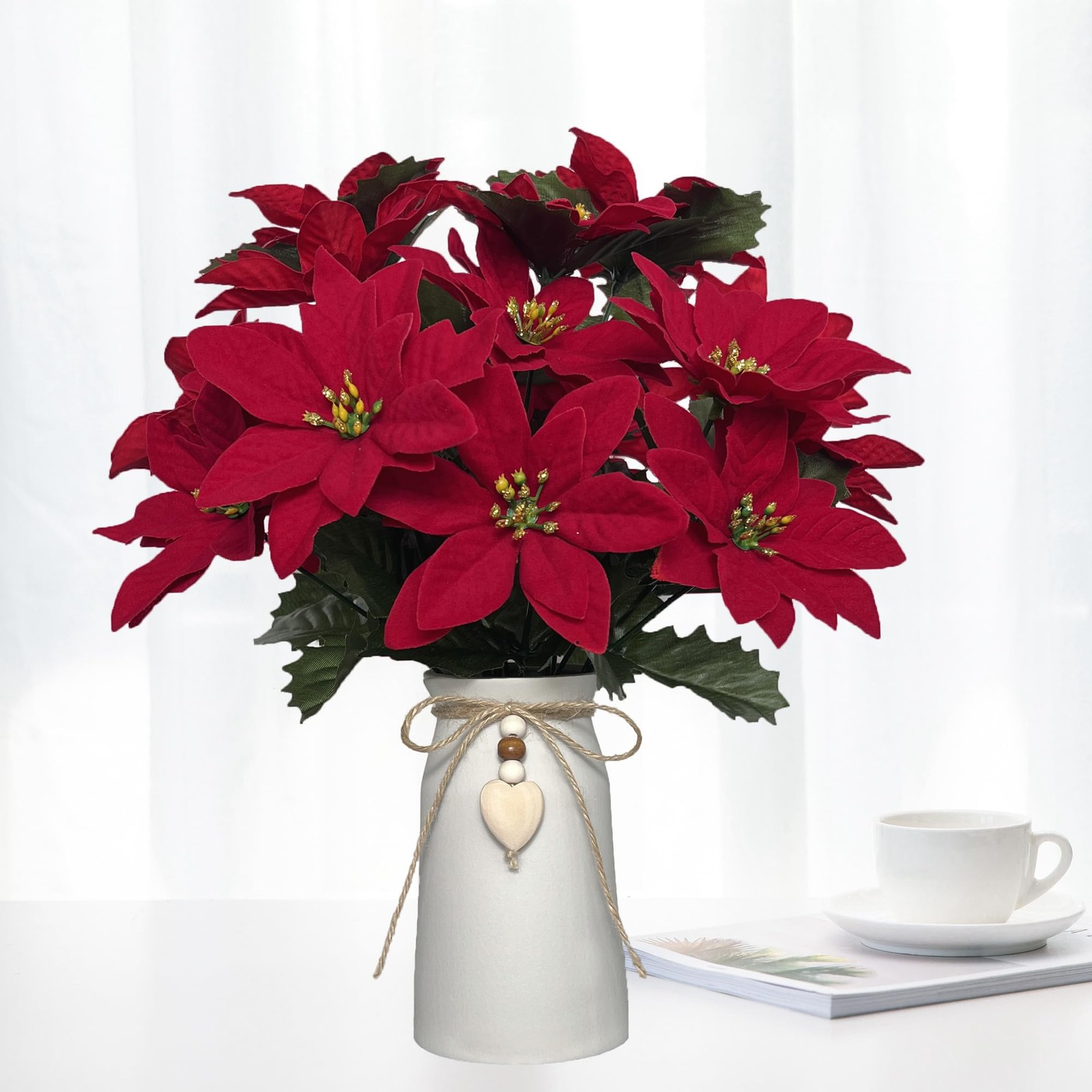 Artificial Red Poinsettia Christmas Flower Arrangement in Decorative White Va…