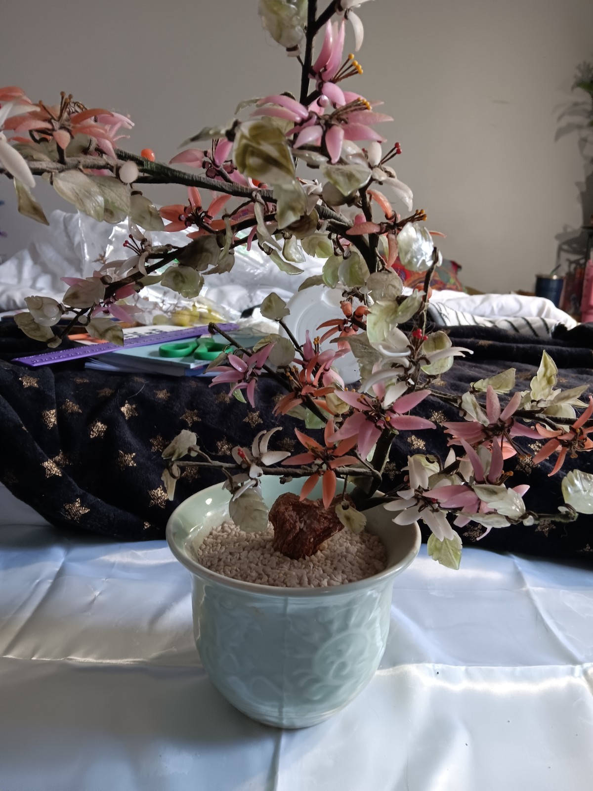VTG Faux Gemstone Bonsai Tree with Pink/White Fruit In Celidon Ceramic Pot