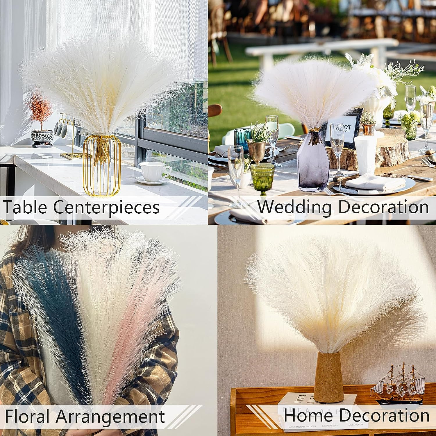 10 Stems White Pampas Grass Fluffy – 17.7″ Faux Pampas Grass Decor Small Pampas