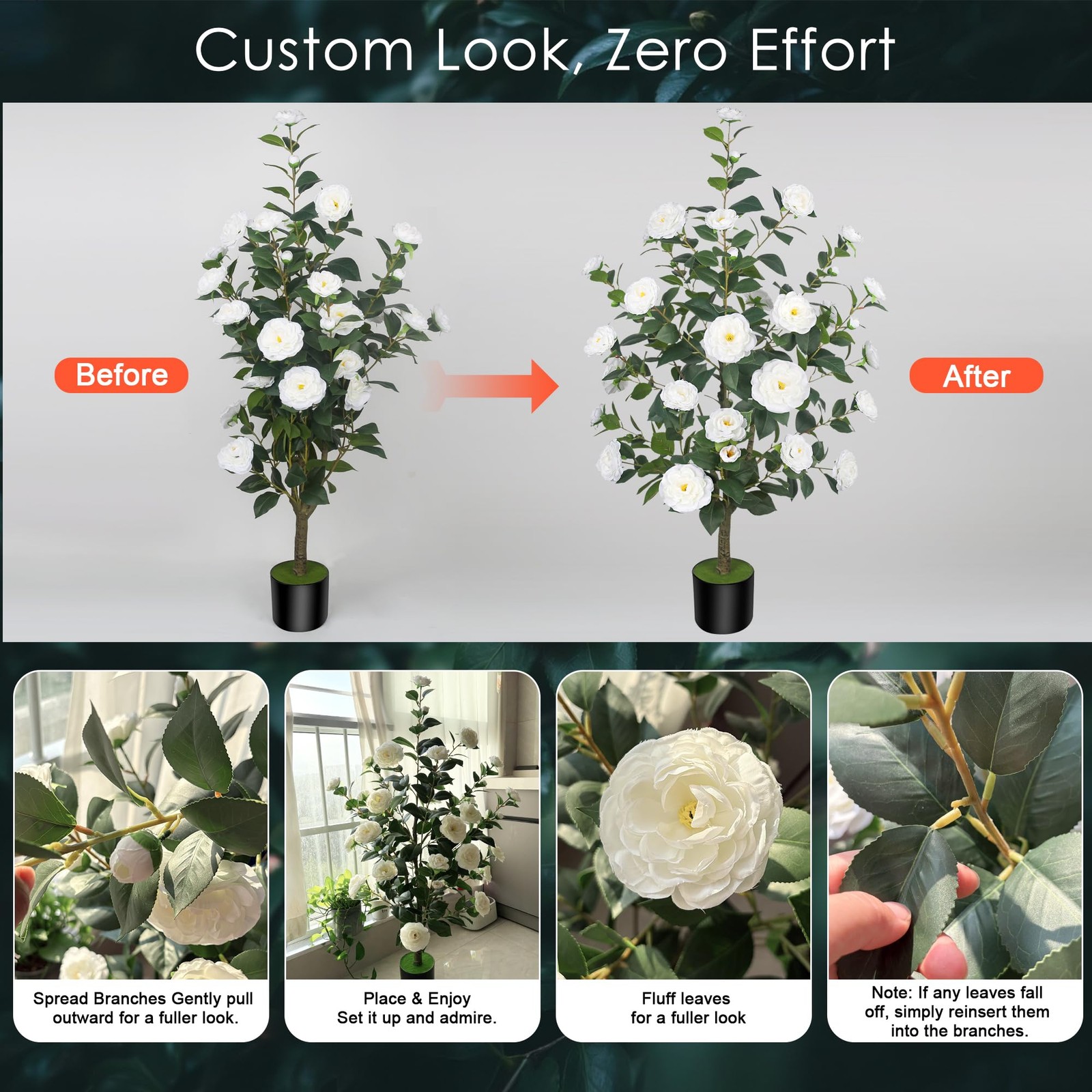1Pack 47.24″/3.94FT Artificial Camellia Trees with 36 White Flowers in Pots –…