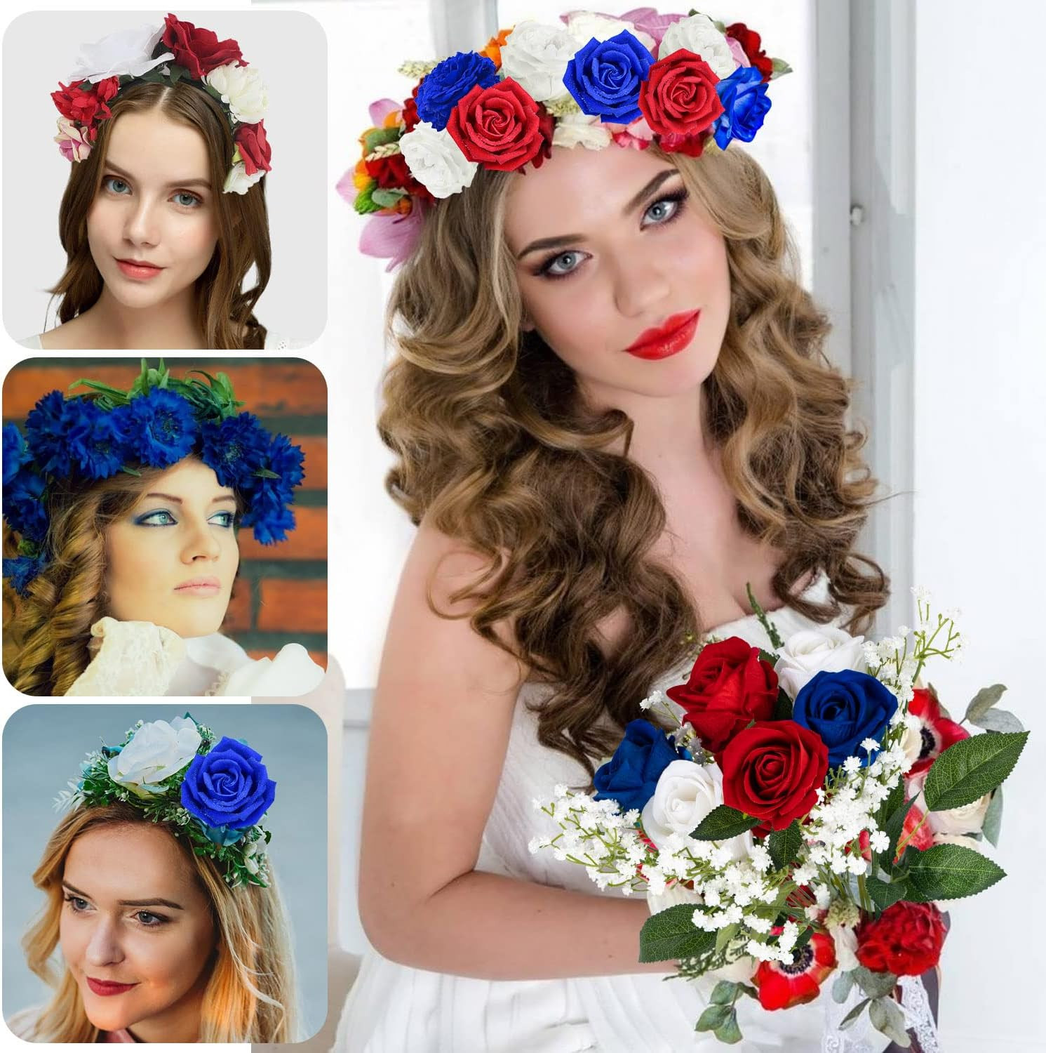 28 Pcs Red White and Blue Flowers, Patriotic Memorial Bouquet Atificial Flowers,