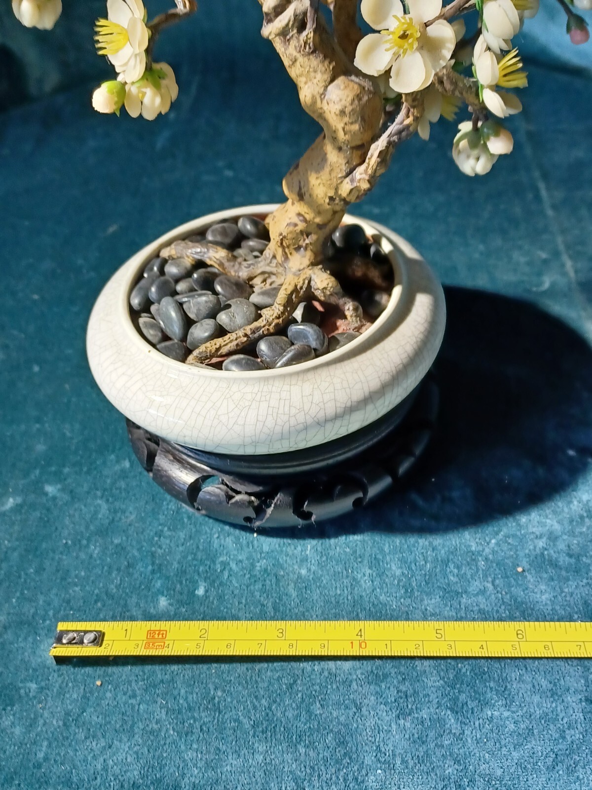 Bonsai Tree Vintage Retro 14″ Artificial Plum Blossom ceramic pot wood pedestal
