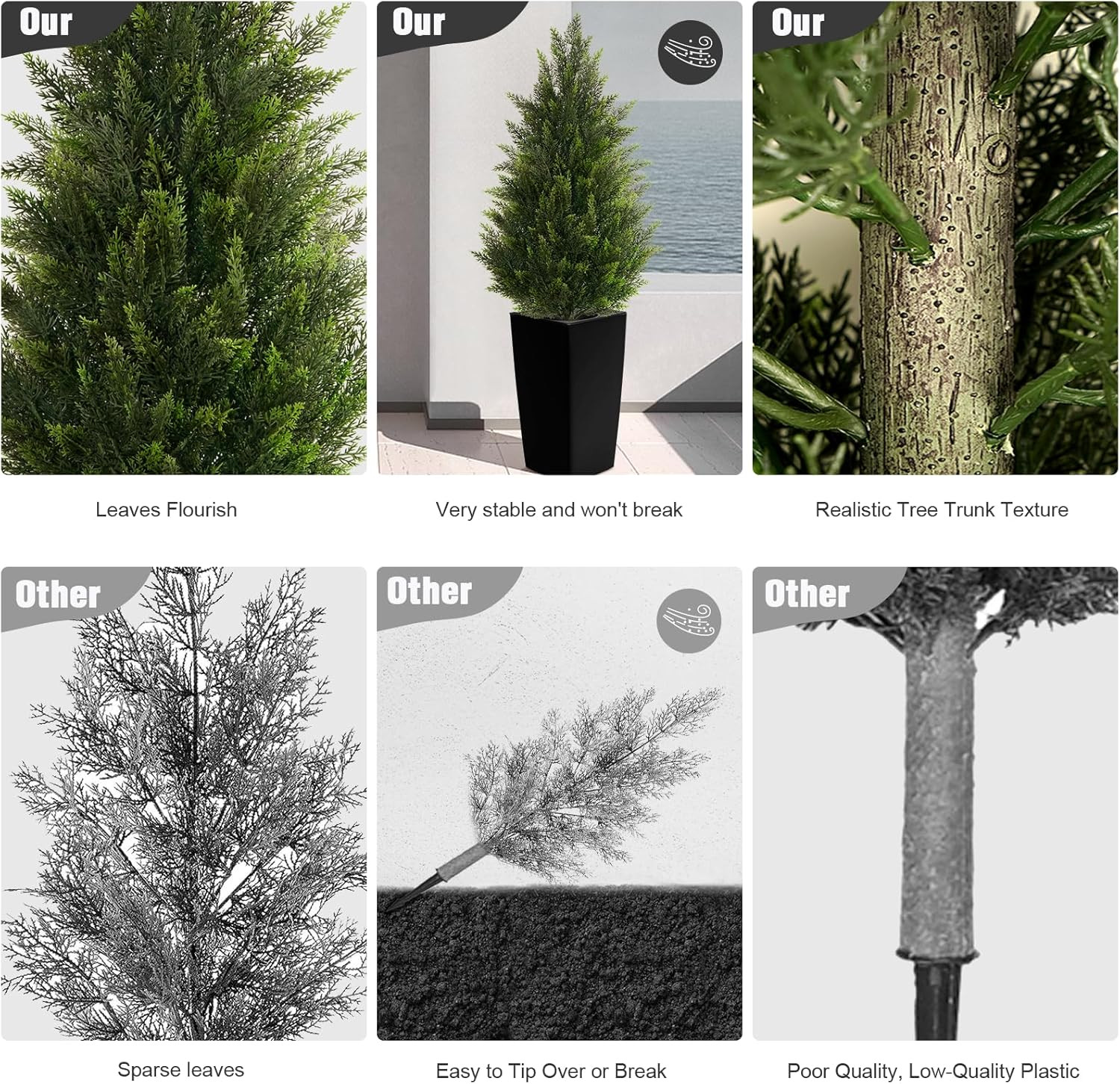 4FT Tall 2 Pack Artificial Cedar Topiary Trees with Compact Pyramidal Shape, Rea