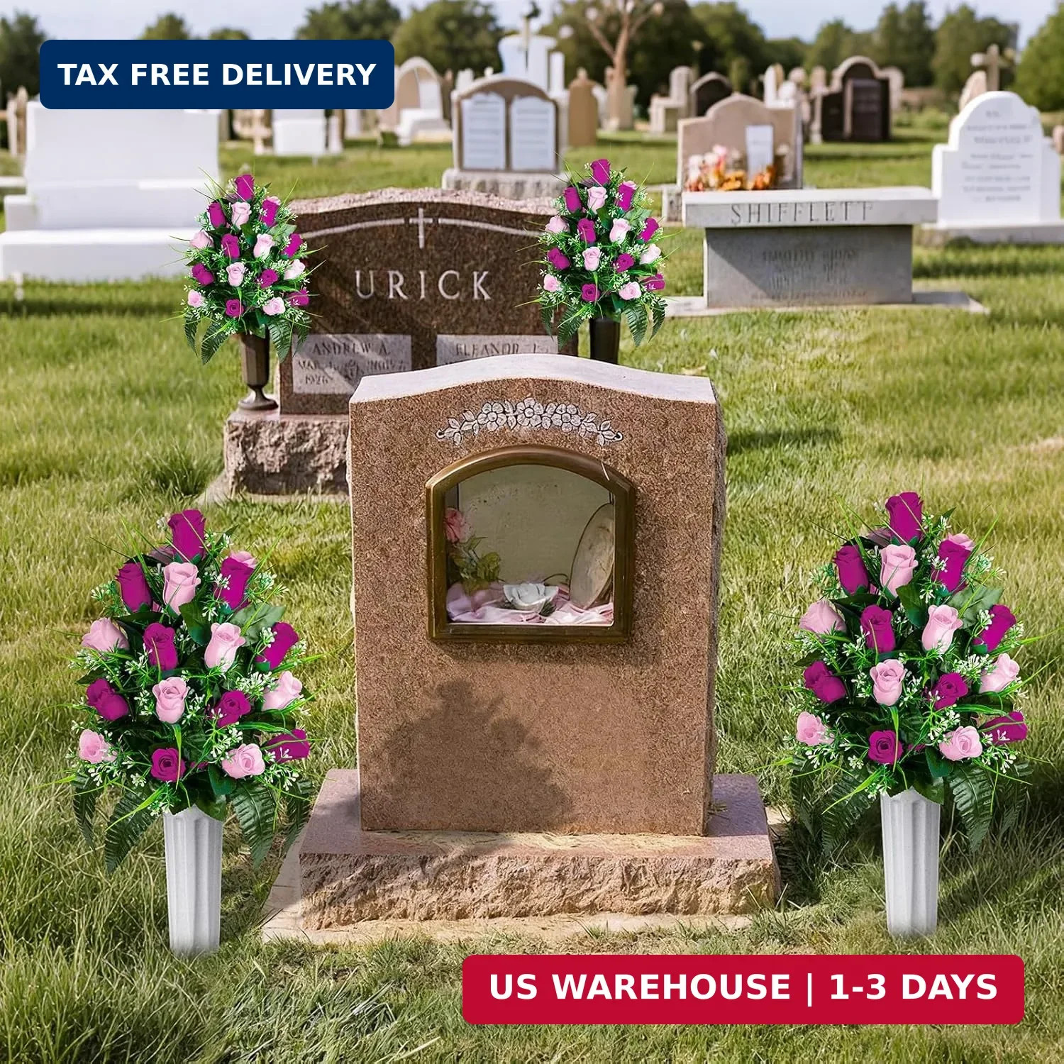 Artificial Cemetery Flowers – Set of 2 Grave Memorial Rose Flowers with Vase for