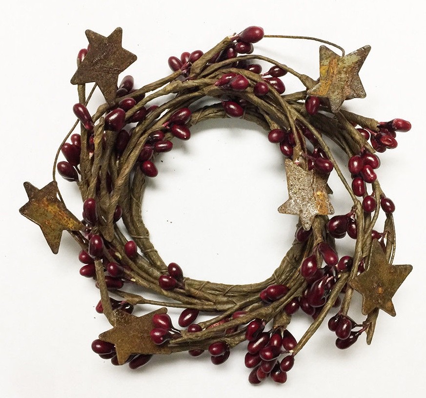 Candle / Napkin Ring Pip Berry w/ Rusty Tin Stars – Burgundy – 2″ Inner Diameter