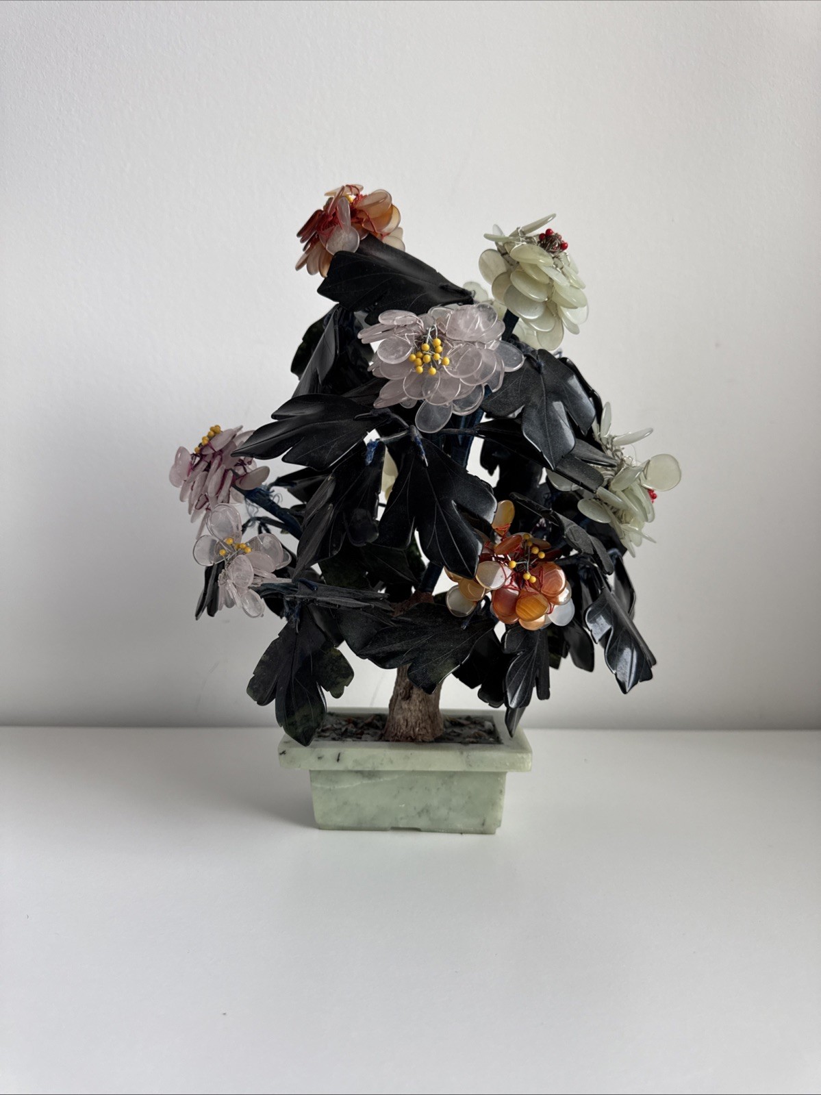 Vintage Lucky Jade and Semiprecious Stone Hand Wired Bonsai Tree