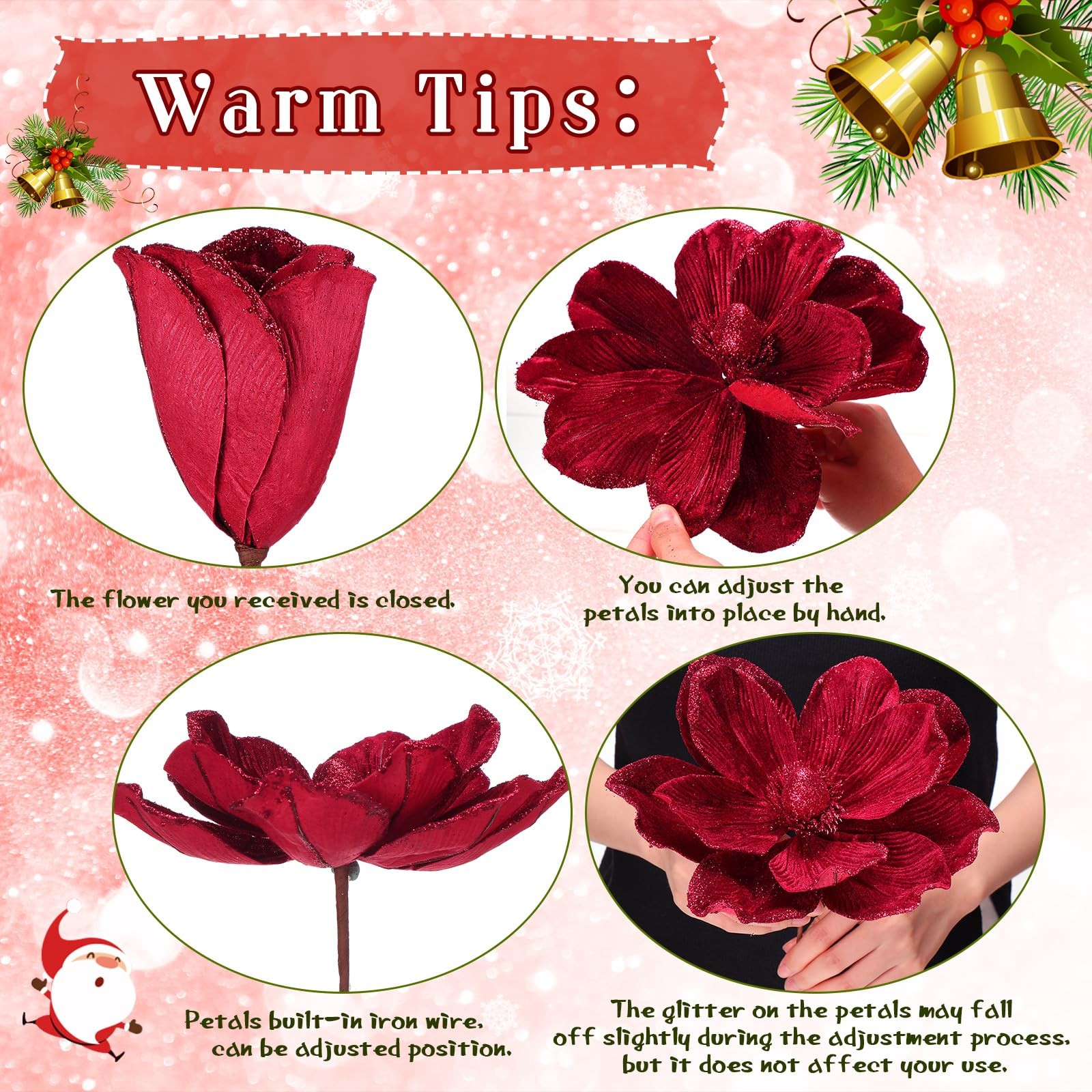 18 PCS Large Velvet Christmas Poinsettia Magnolia Flower Ornament Glitter Red