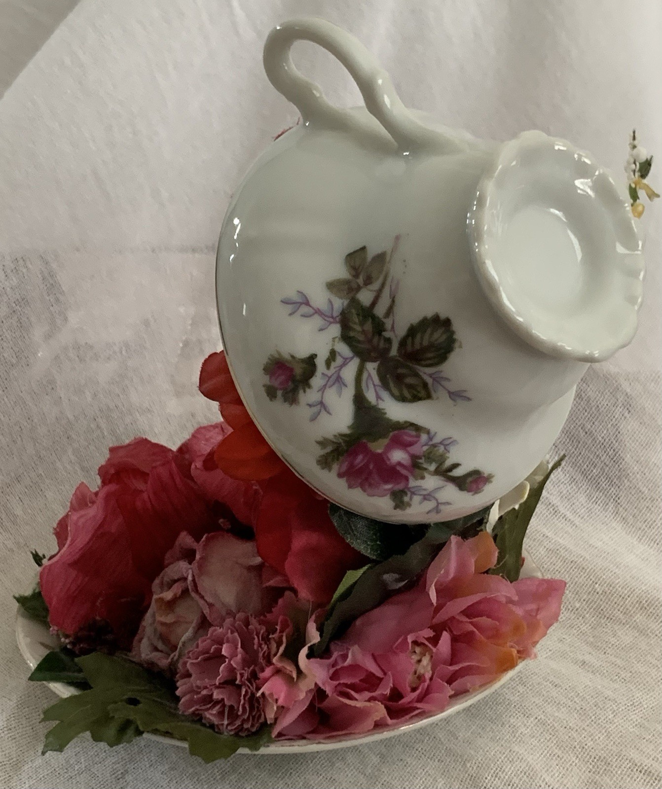 Mystical FLOATING PORCELAIN TEACUP/ARTIST MADE OOAK/Red & Pink FLORAL CASCADES/