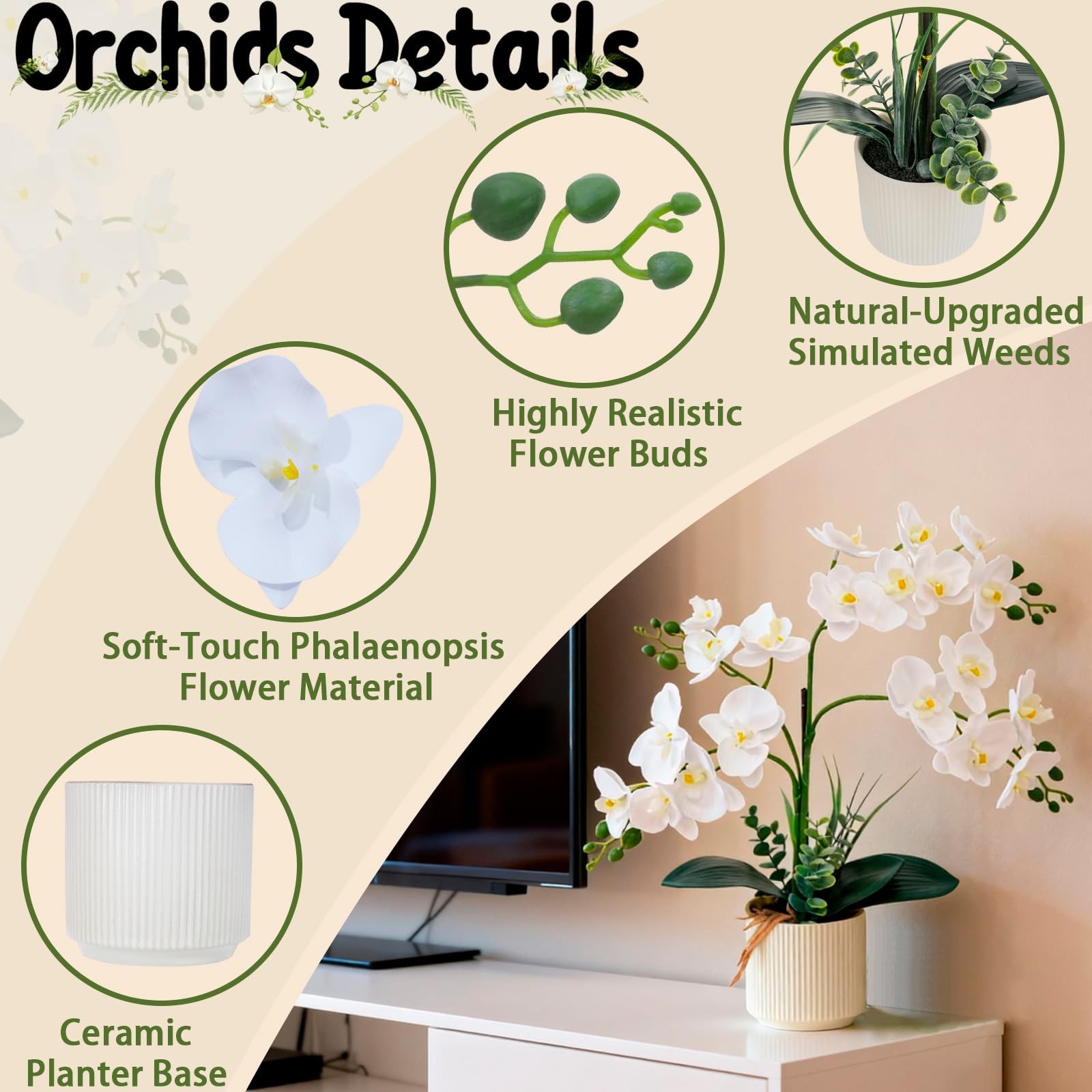 White 15.7″ 3D Lifelike Artificial Orchid Plant with 20 Heads, Realistic Faux…
