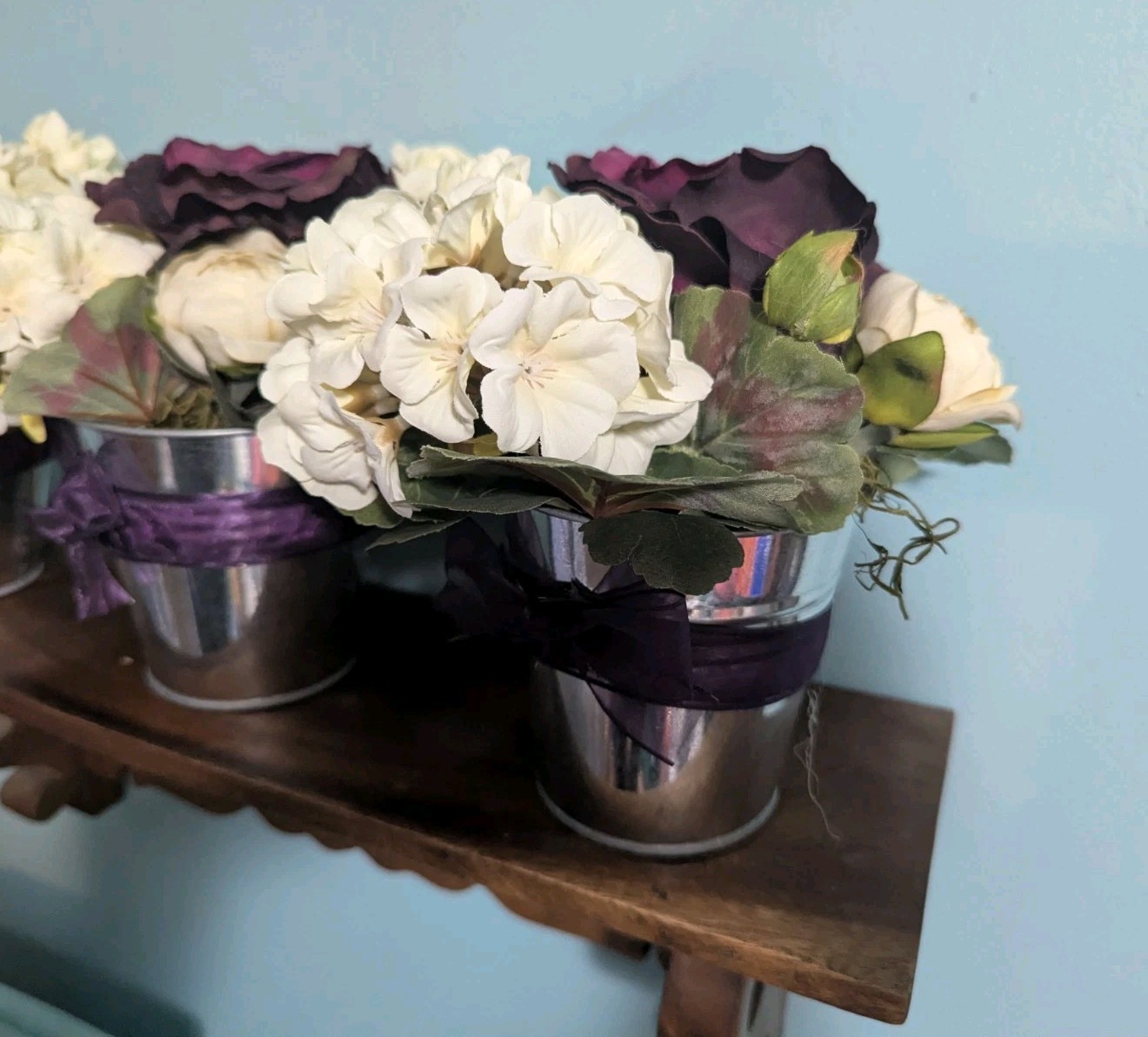 3X Purple & White Silk Flower Arrangements Wedding Centerpieces Silver Pot 7′