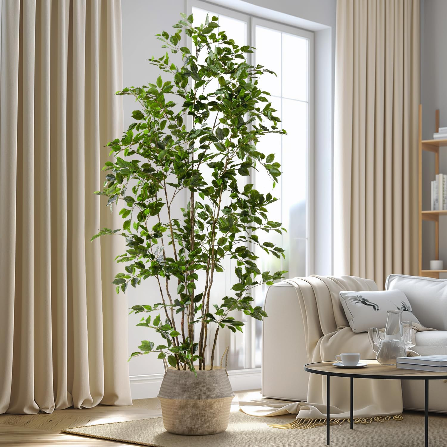 Artificial Ficus Tree Indoor 8Ft, Large Potted Faux Tree with Realistic Silk Lea