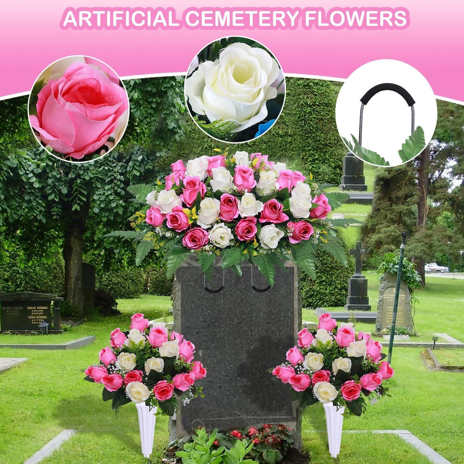 3 Pcs Artificial Cemetery Flower Saddles, Rose Headstone Flower Saddle,Cemete…