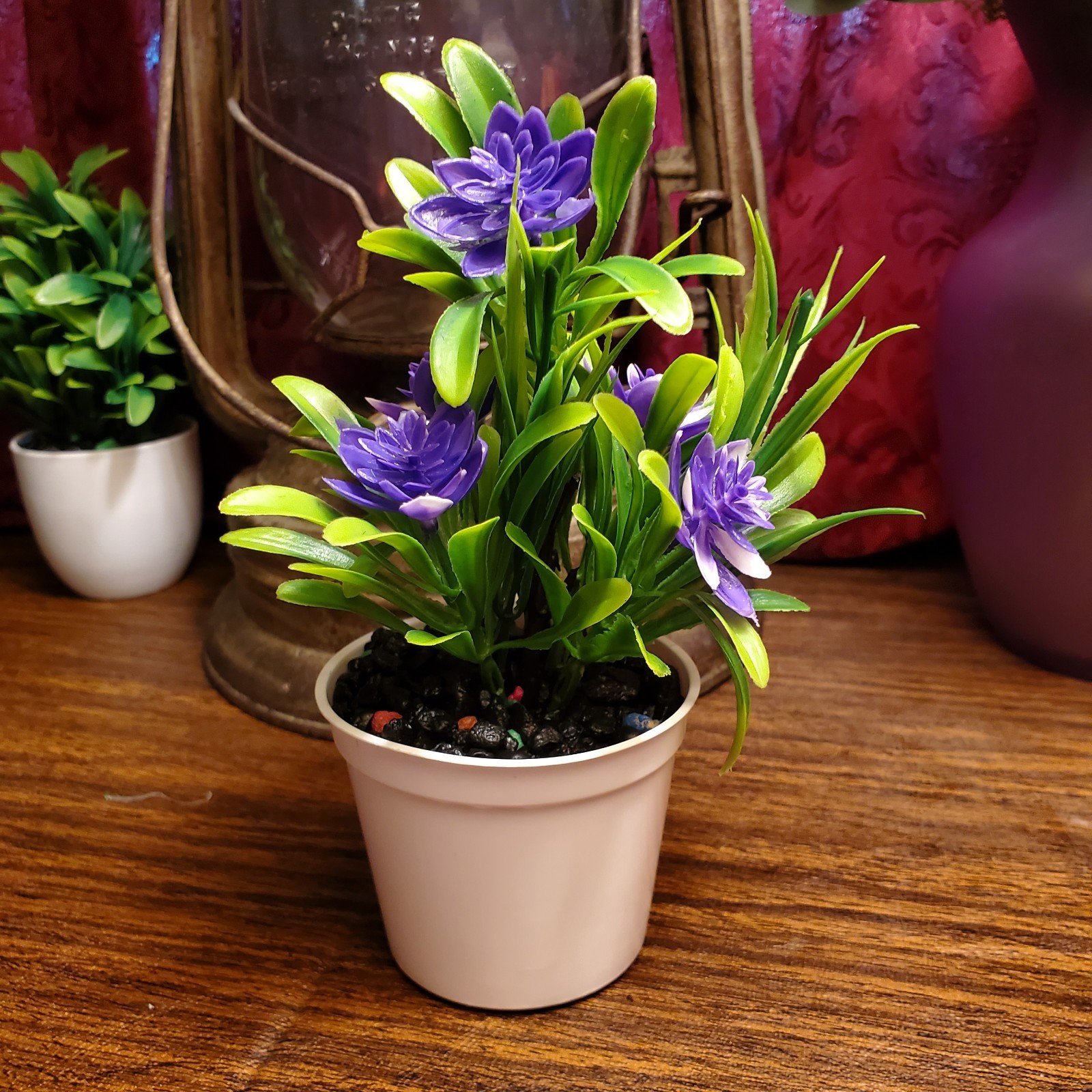 Potted Artificial Mini Purple Lotus Bonsai Plant Faux Desk Decor W/ Rocks 7″ USA
