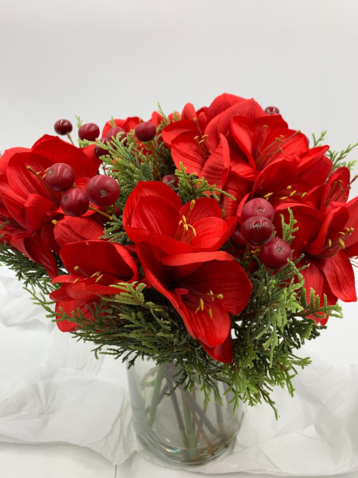 Pottery Barn Faux Amaryllis Floral Composed Holiday Arrangement Red 17″ #4527A