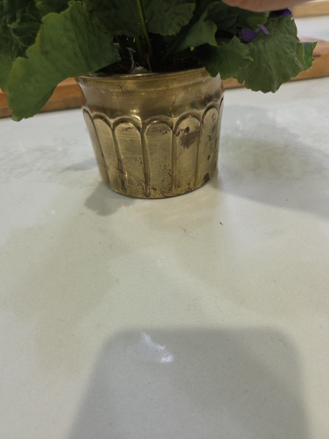 Artificial Miniature African Violet Silk Flowers In Solid Brass Pot Plant Decor
