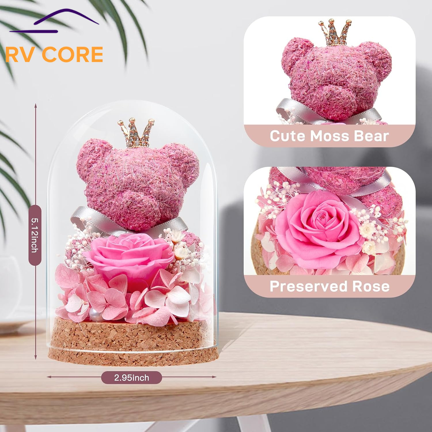 Real Forever Rose in Glass Dome with Bear Gift for Mom Wife Girlfriend Red