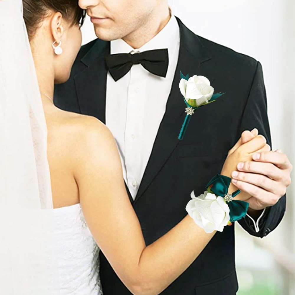 2 PCS Wrist Corsage Rose Boutonniere Set Bride Groom Prom Green White