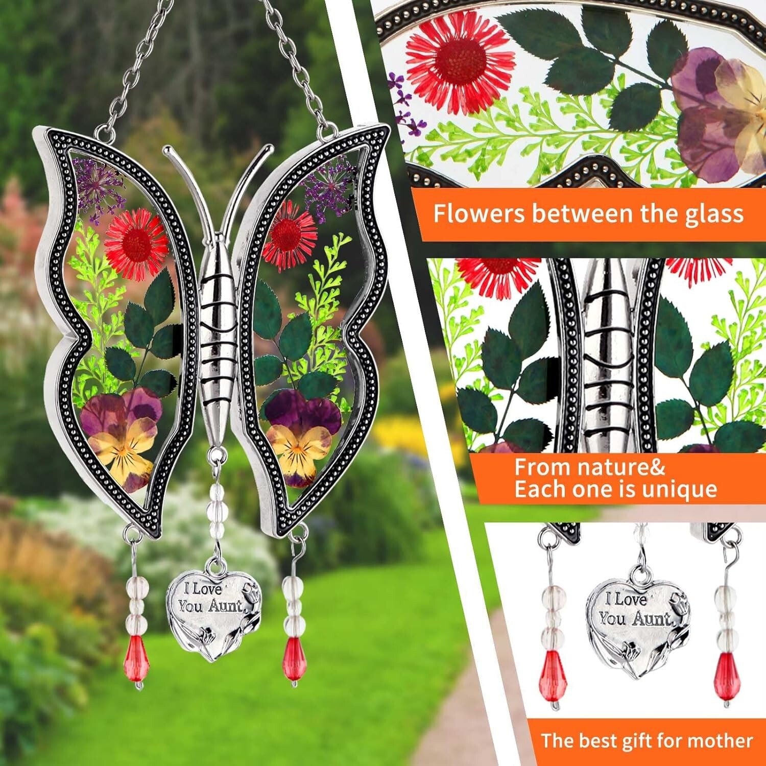 Aunt’s Gift, Butterfly Sun Catch Carefully Designed with Real Flower Glass Metal